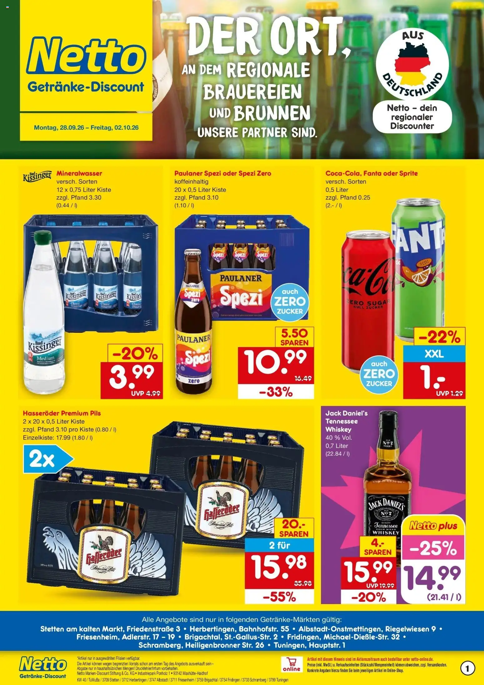 Netto Marken-Discount Prospekt Stetten Am Kalten Markt (ab 28.09.2026) » Angebote | Seite: 1 | Produkte: Paulaner spezi, Pils, Mineralwasser, Whiskey