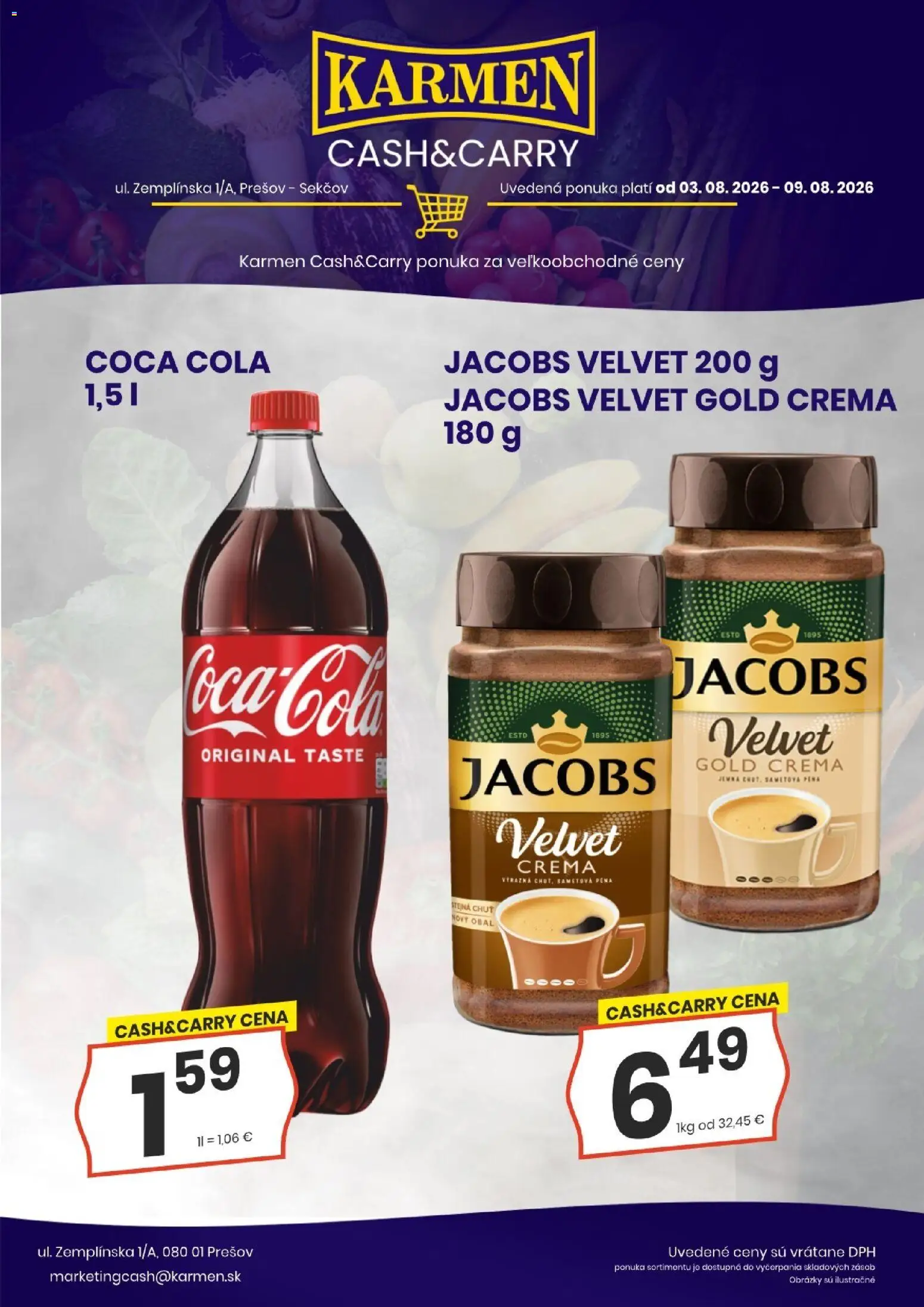 Nové KARMEN CBA akcie – leták je platný od 03.08.2026 | Strana: 4 | Produkty: Jacobs Velvet, Coca cola, Cola