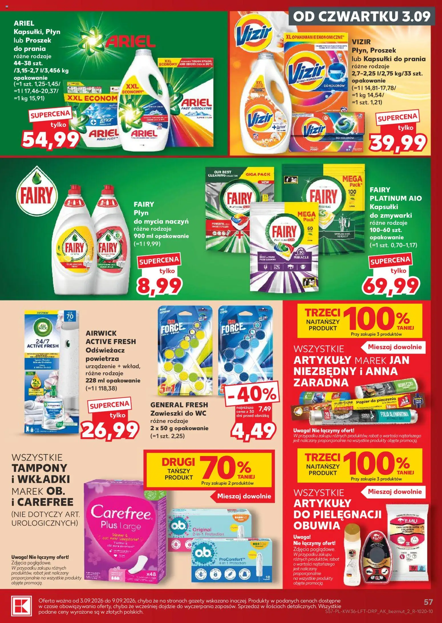 Kaufland gazetka od 03.09.2026 | Strona: 57 | Produkty: Tampony, Fairy platinum, Gazety, Kapsułki do prania