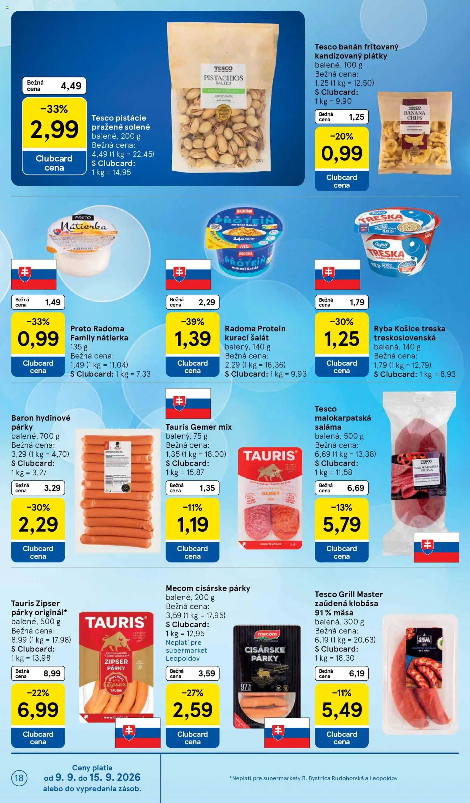 Nové Tesco akcie – leták je platný od 09.09.2026 | Strana: 18 | Produkty: Klobása, Šalát, Párky, Pistácie