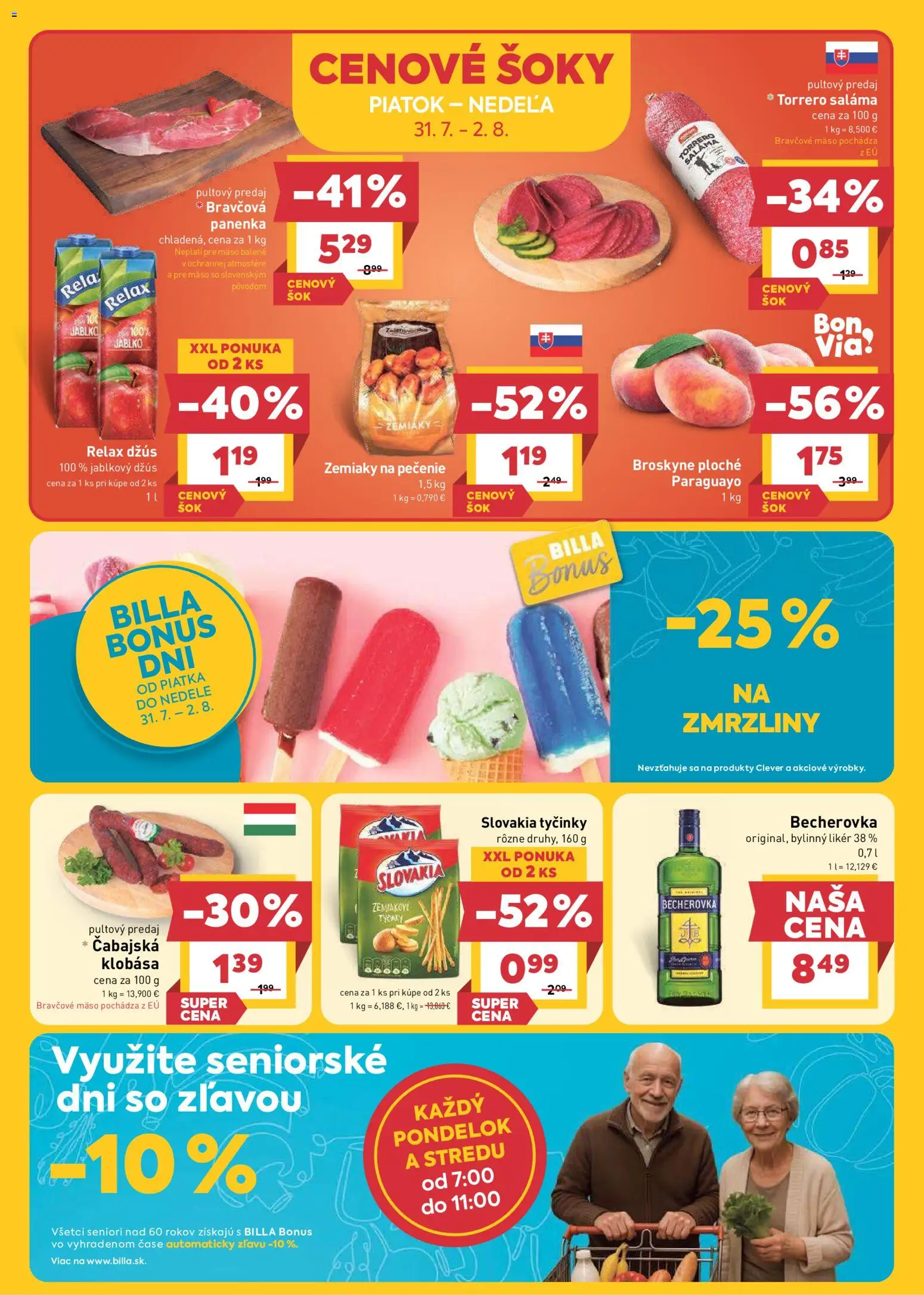 Nové Billa akcie – leták je platný od 29.07.2026 | Strana: 24 | Produkty: Džús, Klobása, Jablkový džús, Zemiaky