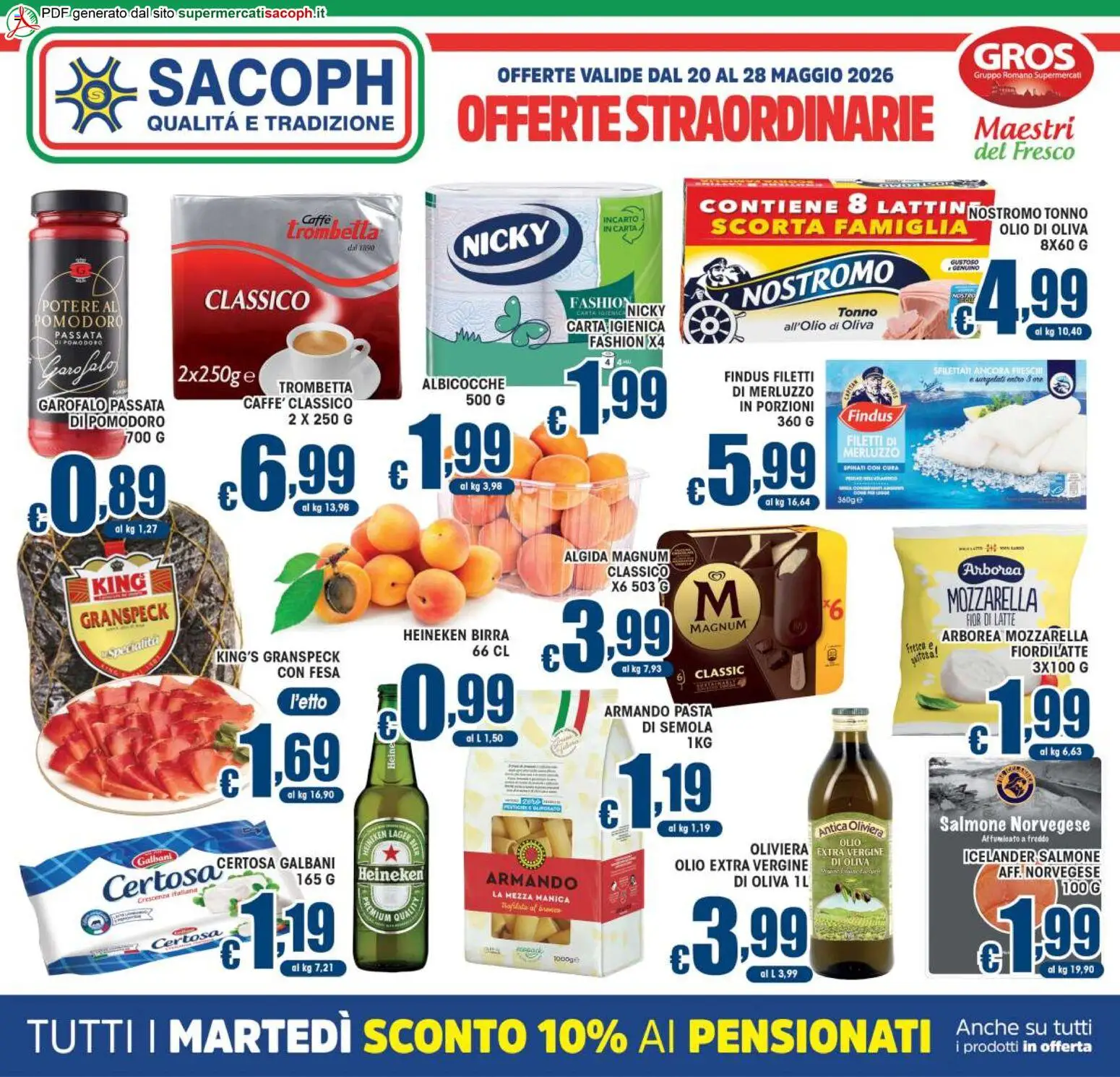 Volantino Sacoph del 20.05.2026 | Pagina: 1 | Prodotti: Birra, Salmone, Pasta, Olio extra vergine