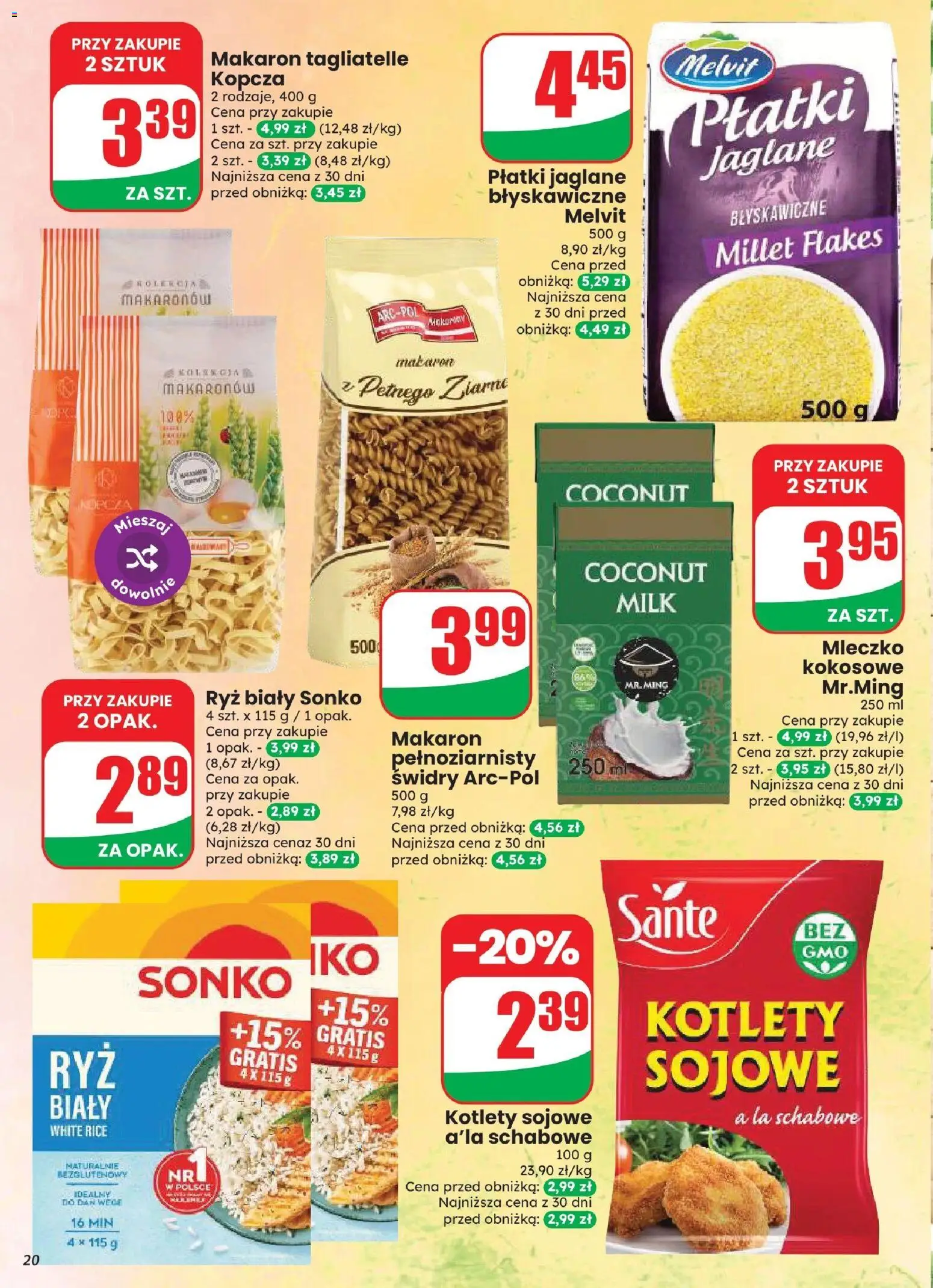 Dino gazetka od 12.08.2026 | Strona: 20 | Produkty: Makaron tagliatelle, Płatki jaglane, Ryż, Mleczko kokosowe