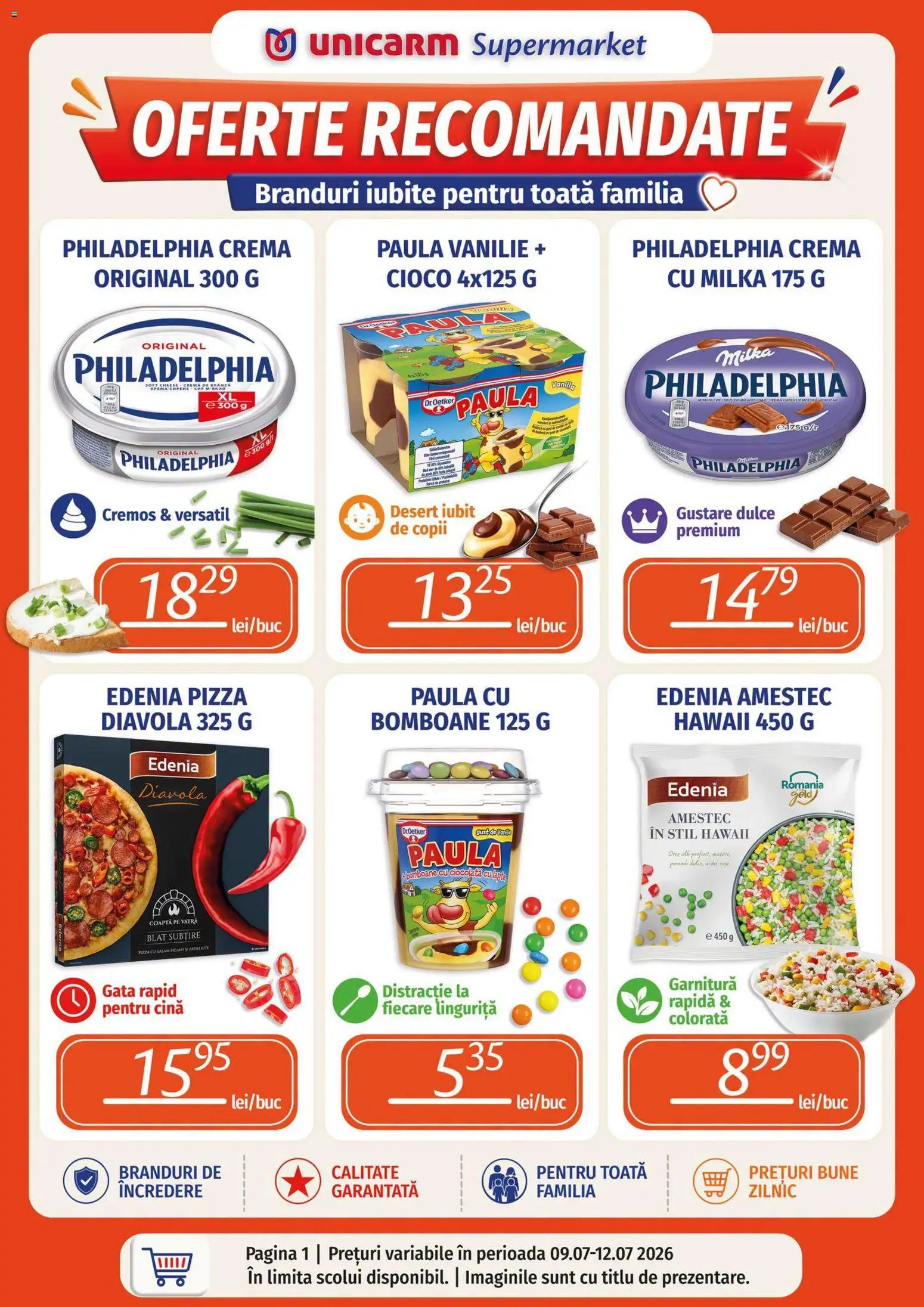 Noul catalog Unicarm – valabil de la 09.07.2026 | Pagină: 1 | Produse: Salam, Pizza, Bomboane, Cremă de brânză
