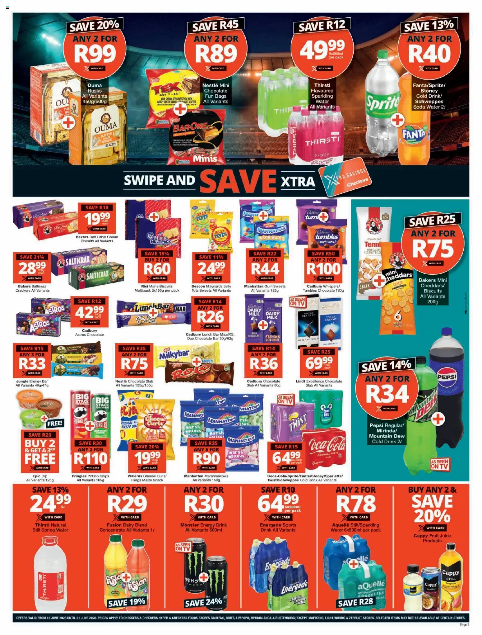 New Checkers catalogue – valid from 15.06.2026 | Page: 5 | Products: Sweets, Cheese, Fanta, Dairy blend