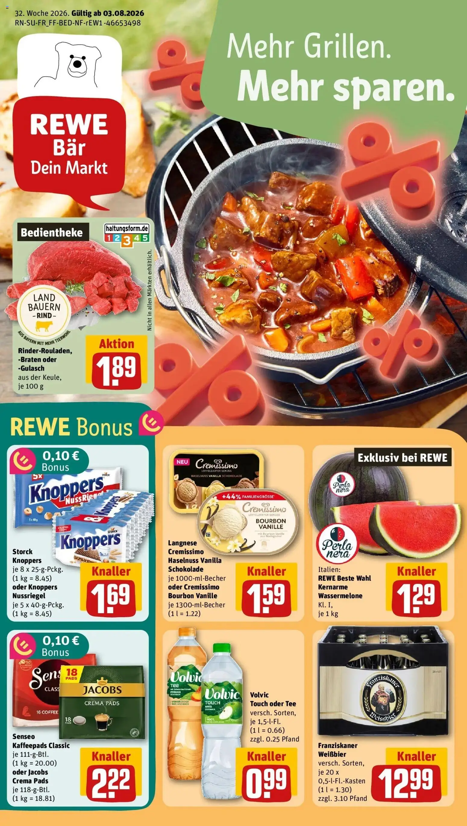 REWE Prospekt ab 03.08.2026 zum Blättern » Angebote | Seite: 1 | Produkte: Senseo, Vanille, Pfirsich, Volvic