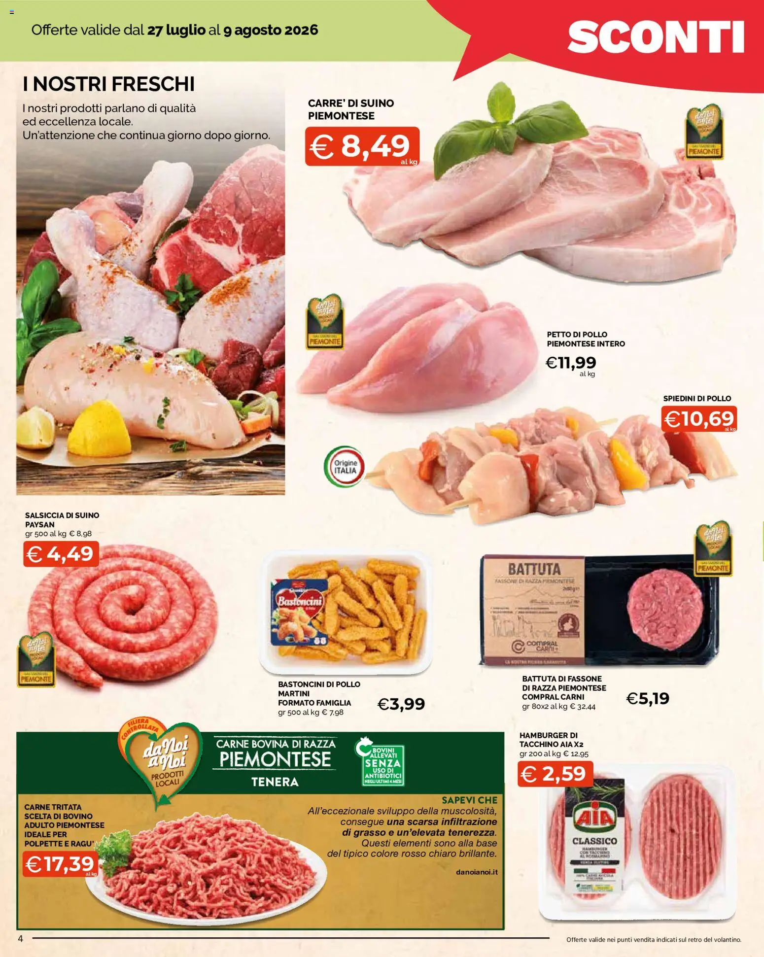 Volantino Mercatò del 27/07/2026 | Pagina: 4 | Prodotti: Bovino, Petto di Pollo, Tacchino, Spiedini