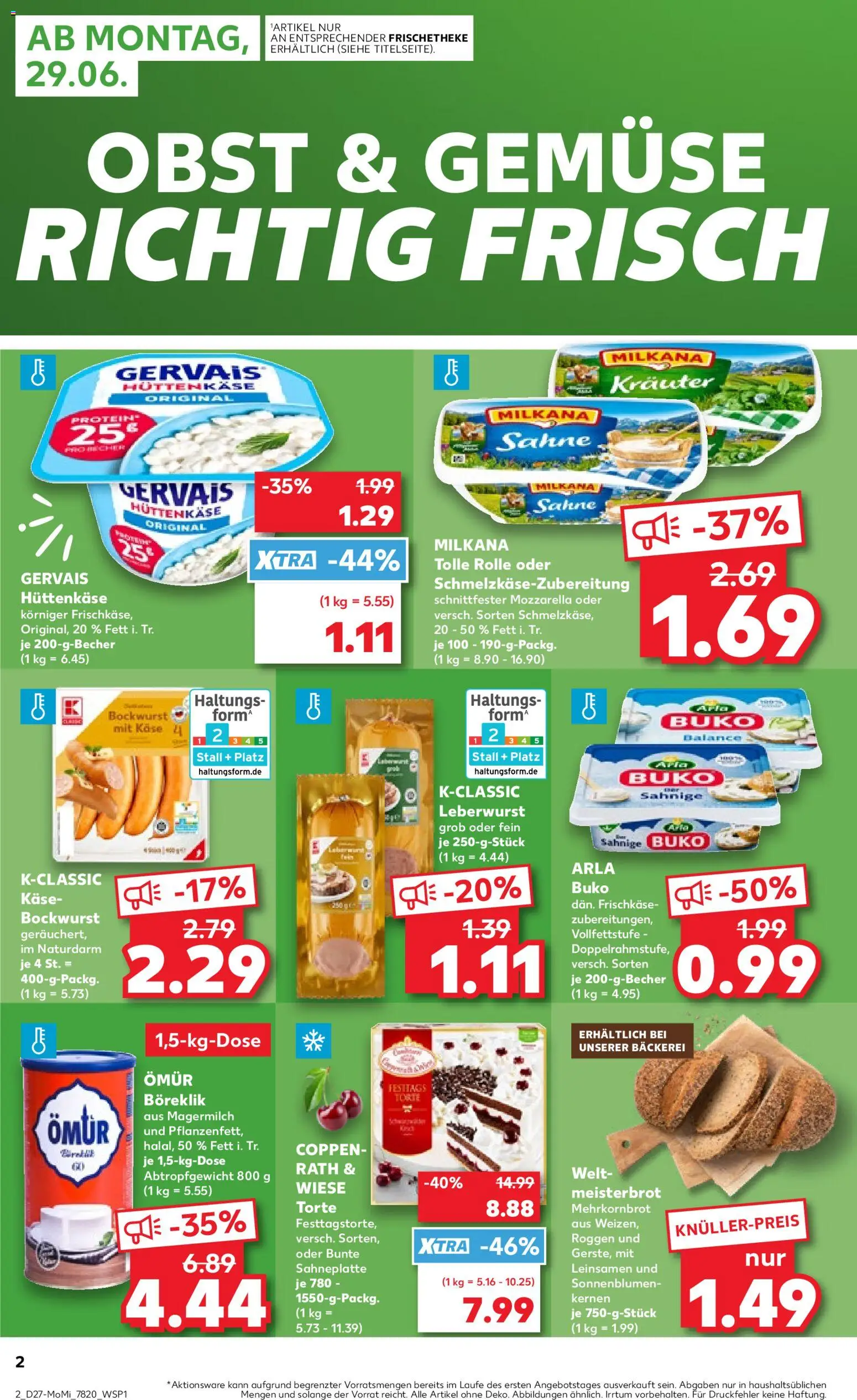 Kaufland Prospekt Kiel – gültig ab 29.06.2026 | Seite: 2 | Produkte: Käse, Mozzarella, Sahne, Hüttenkäse