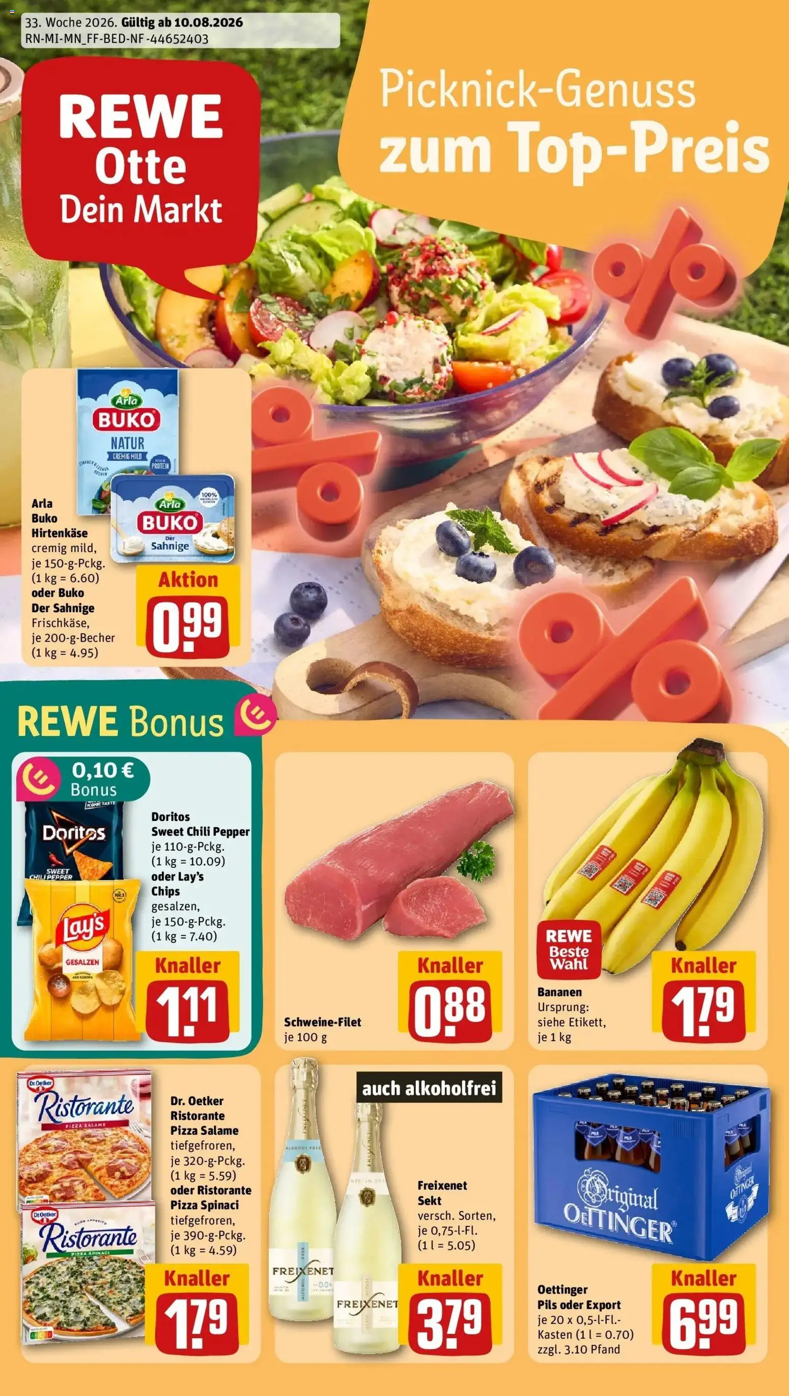 REWE Prospekt ab 10.08.2026 zum Blättern » Angebote | Seite: 1 | Produkte: Sekt, Pils, Schweinefilet, Chips