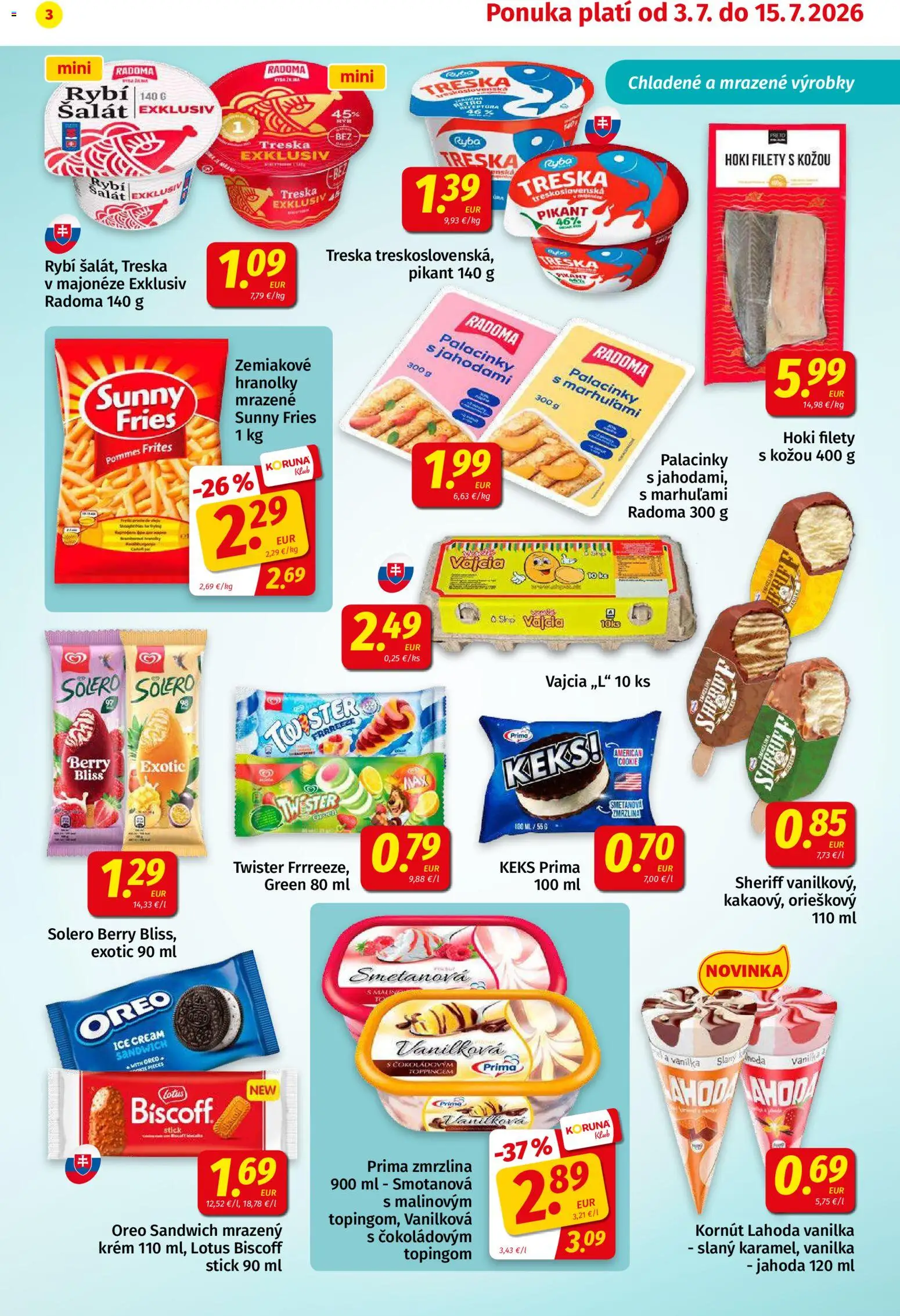 Nové Koruna akcie – leták je platný od 03.07.2026 | Strana: 3 | Produkty: Vajcia, Ryba, Šalát, Treska
