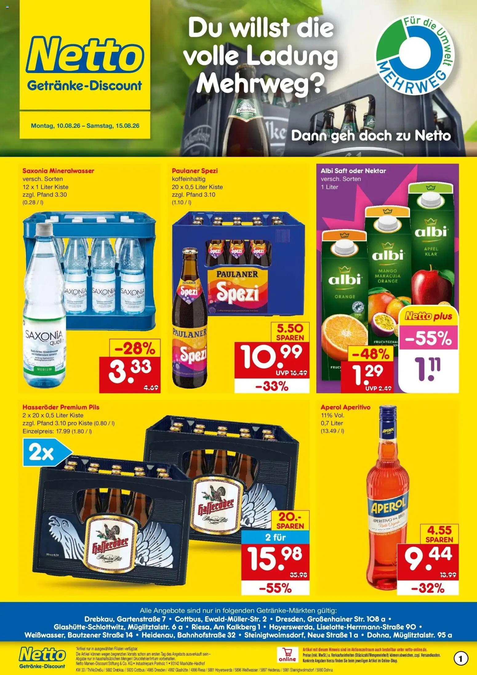 Netto Marken-Discount Prospekt Dresden (ab 10.08.2026) » Angebote | Seite: 1 | Produkte: Pils, Mineralwasser, Mango, Saft