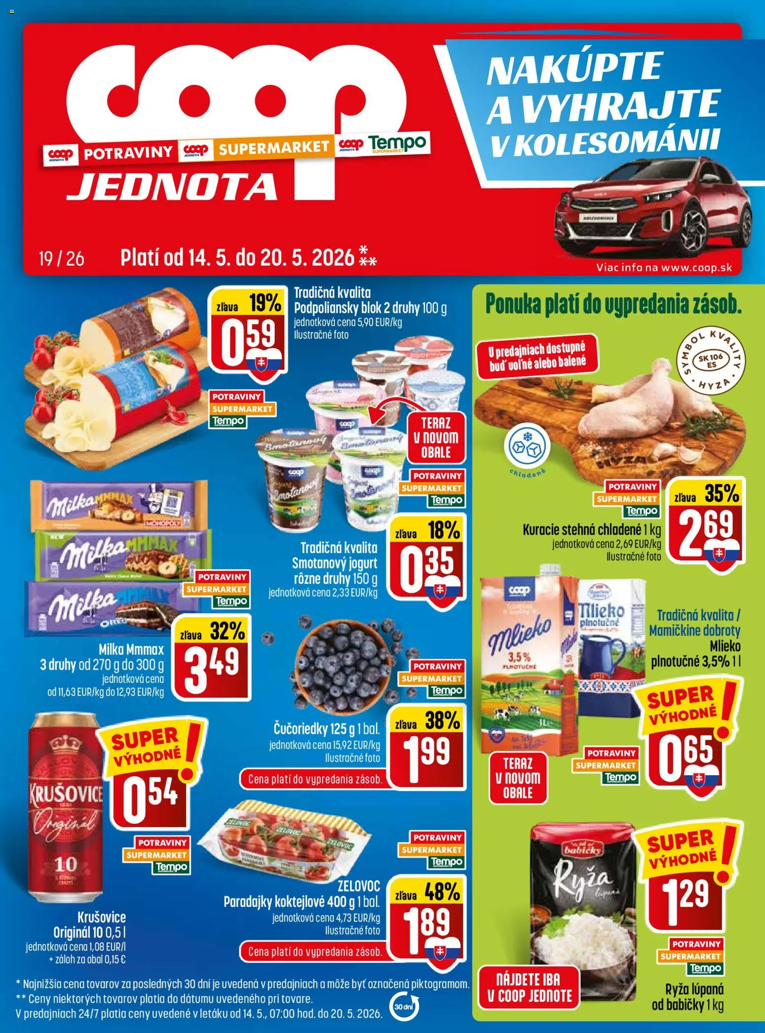 Nové COOP Jednota akcie – leták je platný od 14.05.2026 | Strana: 1 | Produkty: Mlieko, Ryža, Kuracie stehná, Čučoriedky