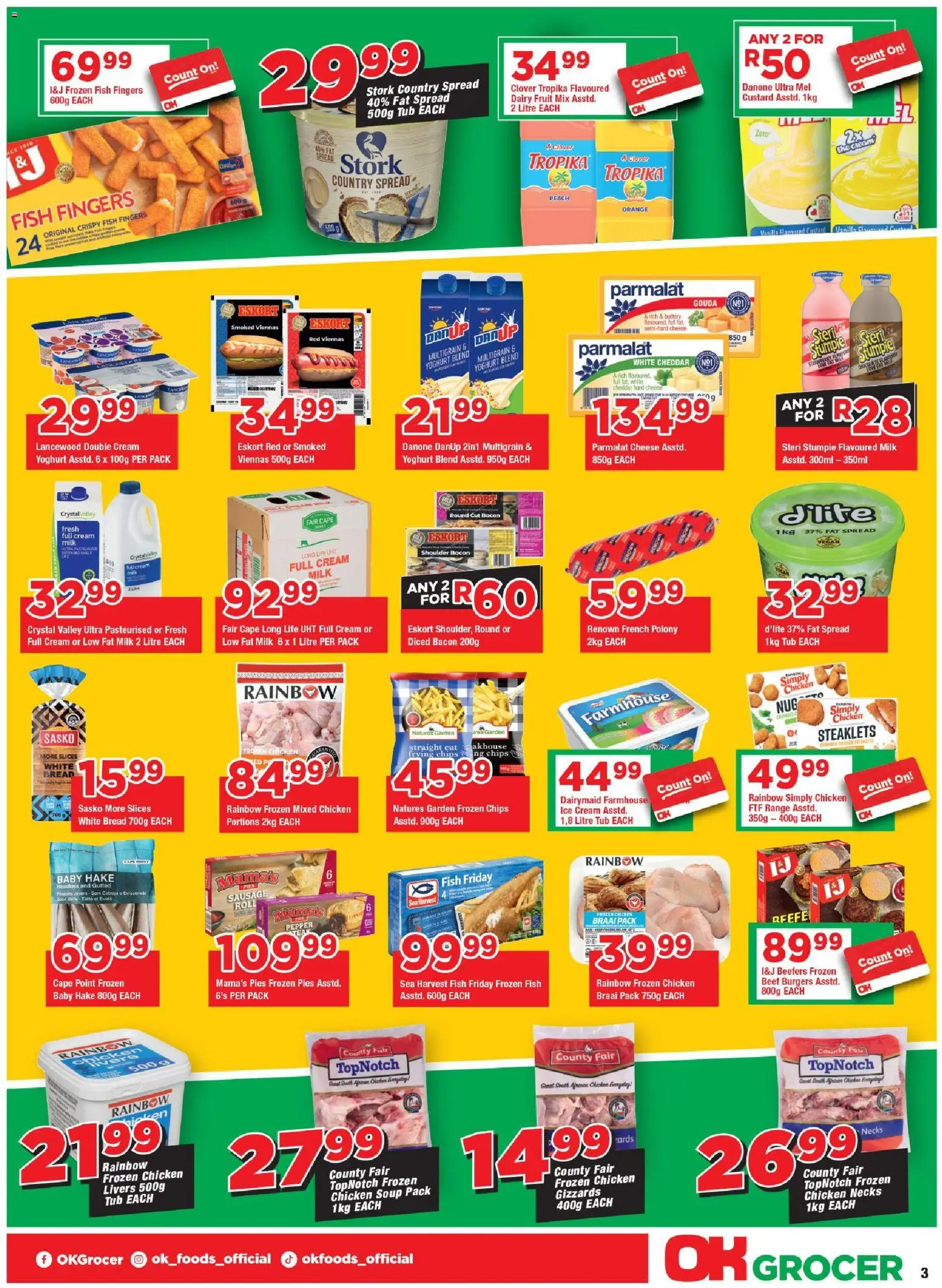 New OK Foods catalogue – valid from 24/06/2026 | Page: 3 | Products: Chicken, Burgers, Chips, Fruit