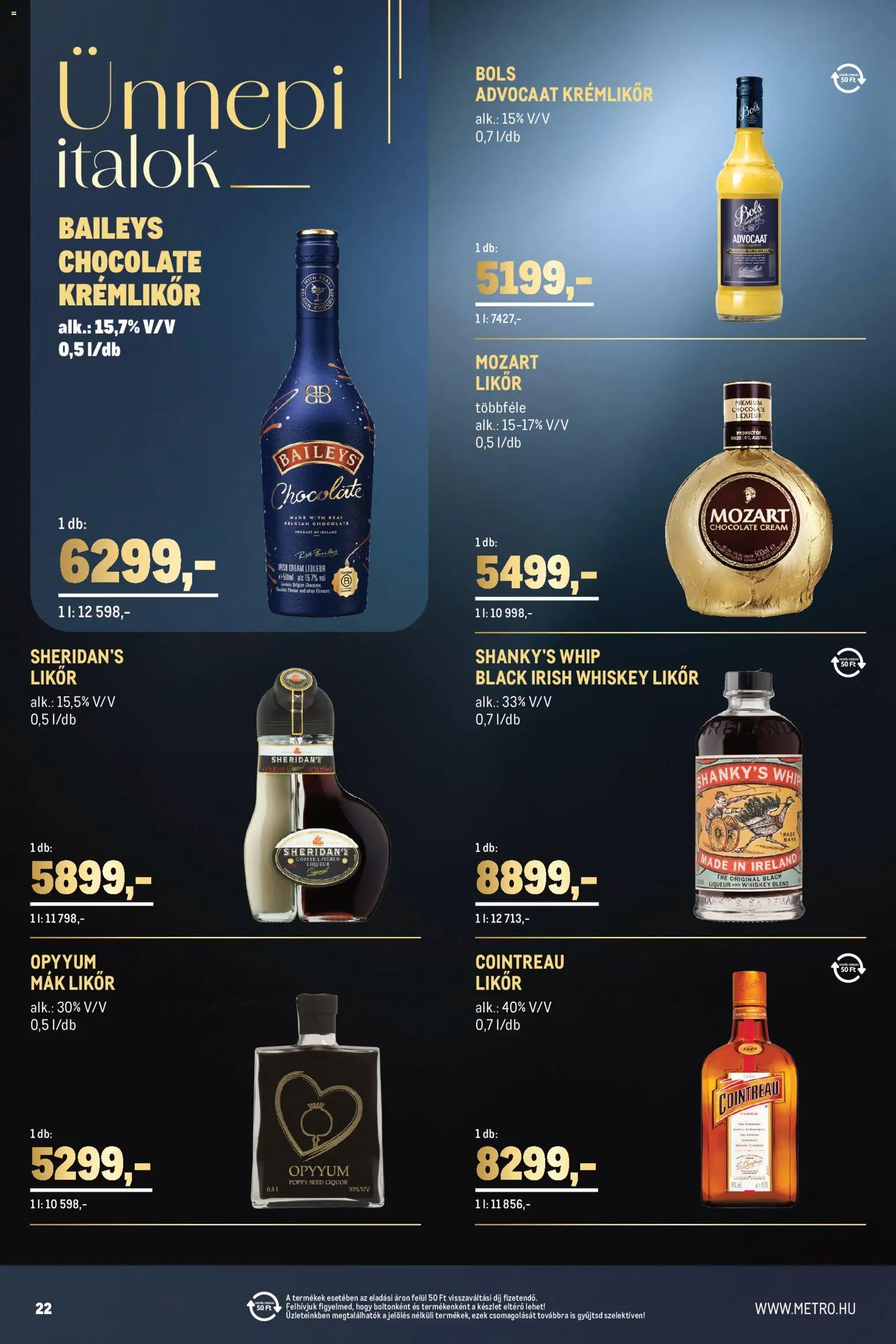 Metro akciós ujság - amely érvényes a következő dátumtól: 2026.11.02. | Oldal: 22 | Termékek: Krémlikőr, Irish whiskey, Italok, Mák