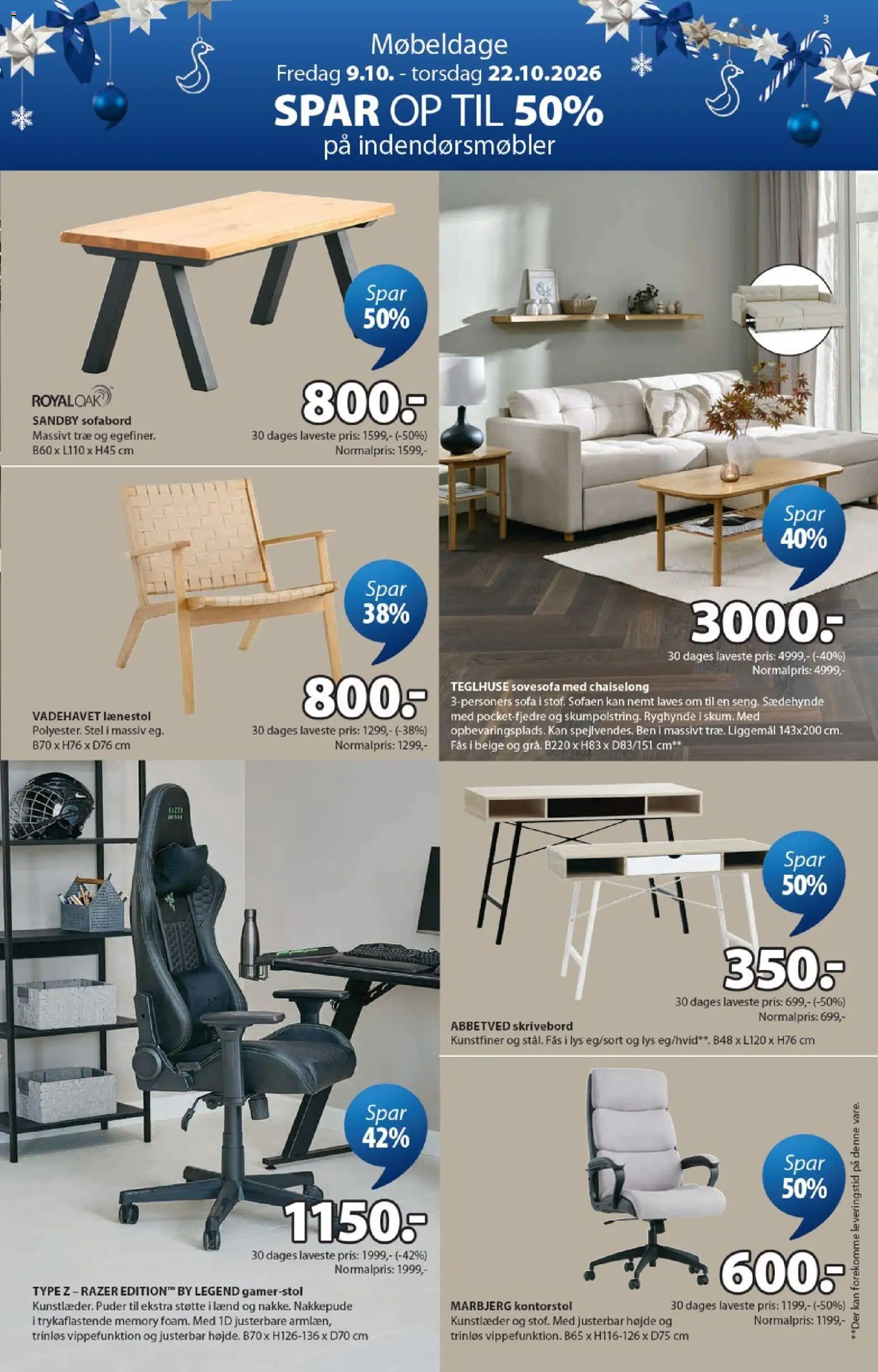 JYSK tilbudsavis – gyldig fra 09/10/2026 | Side: 3 | Produkter: Sofabord, Sofa, Lænestol, Skrivebord