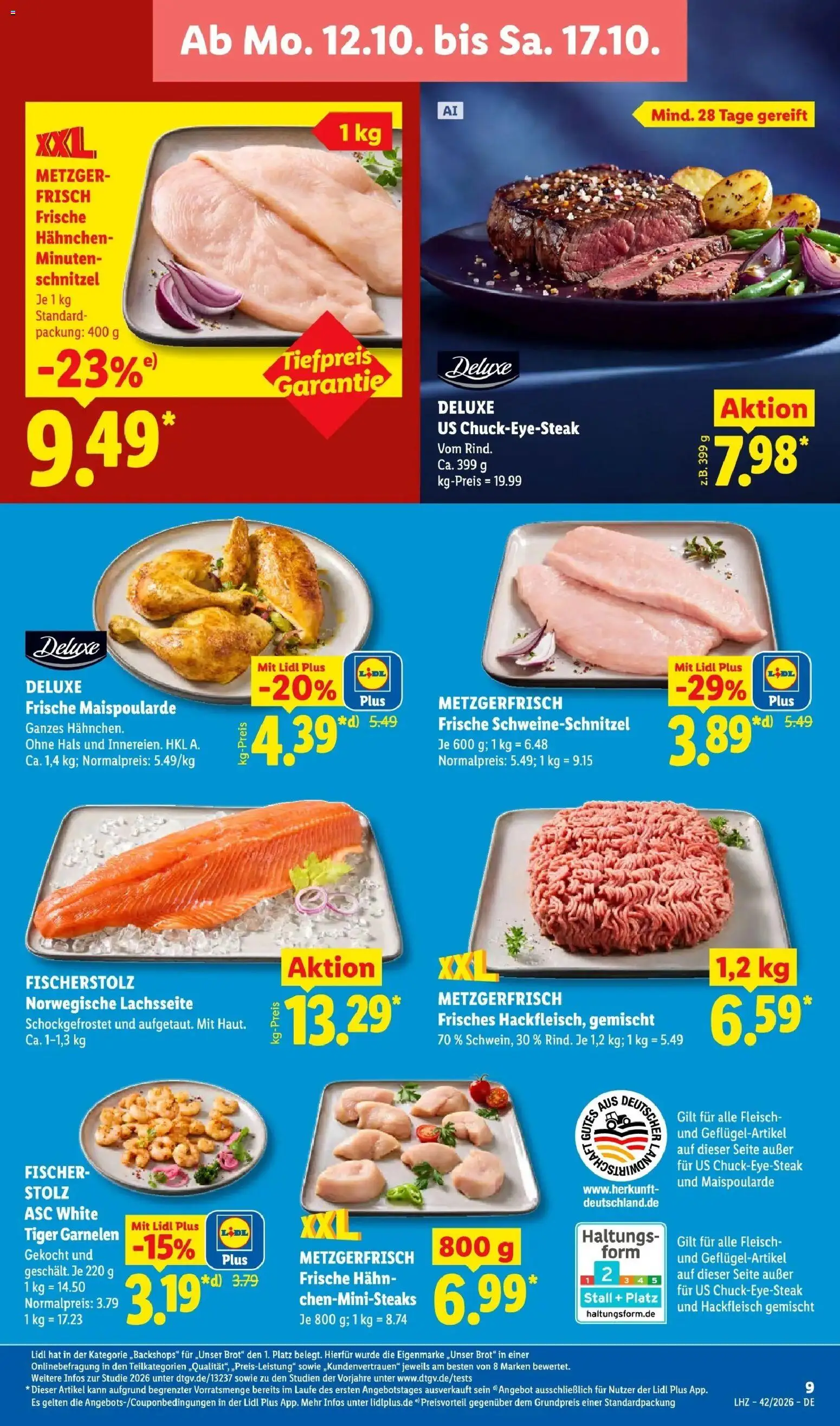 Lidl Prospekt Braunschweig (ab 12.10.2026) zum Blättern » Angebote | Seite: 15 | Produkte: Garnelen, Schnitzel, Steak, Hackfleisch