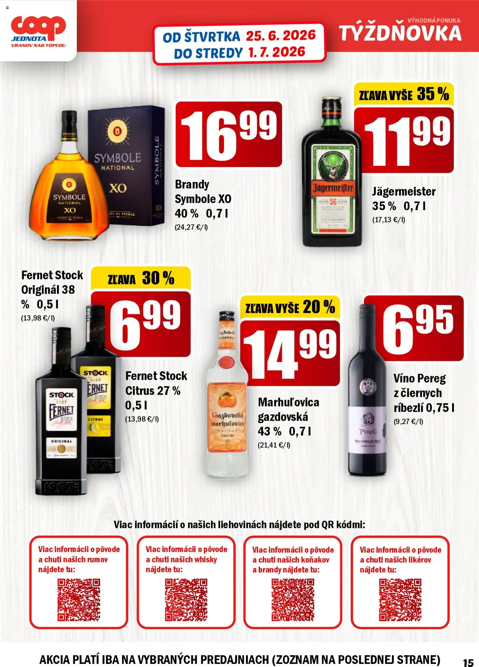 Nové COOP Jednota akcie – leták je platný od 25.06.2026 | Strana: 15 | Produkty: Jägermeister, Brandy, Whisky, Fernet Stock