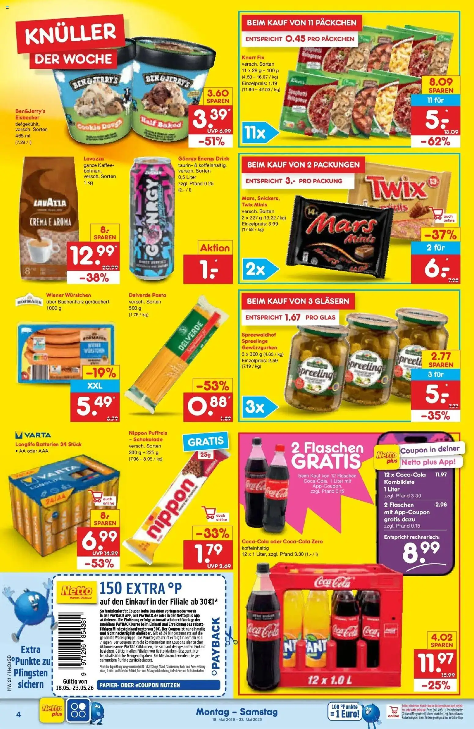 Netto Marken-Discount Prospekt Kröpelin	 – gültig ab 17.05.2026 | Seite: 4 | Produkte: Knorr fix, Coca cola, Energy, Schokolade