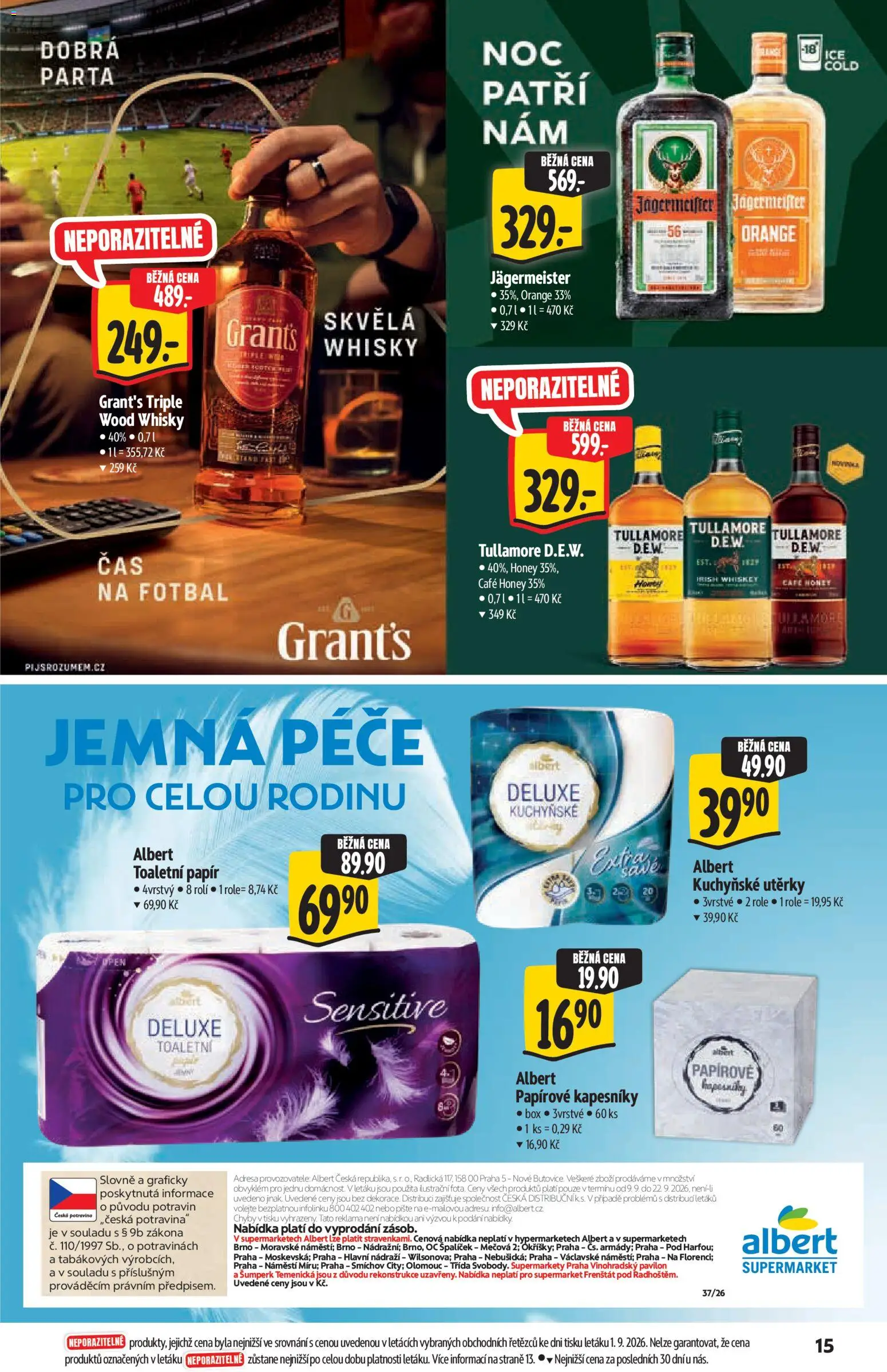 Albert katalog - Supermarket od 09.09.2026 | Strana: 15 | Produkty: Utěrky, Whisky, Toaletní papír, Kapesníky