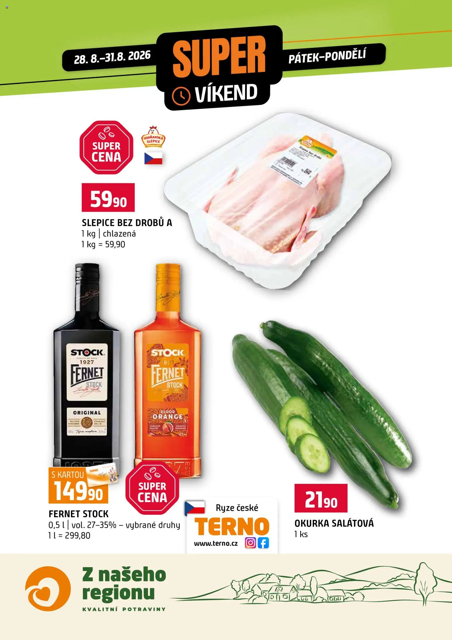 Terno leták - Super víkend od 28.08.2026 | Strana: 1 | Produkty: Fernet Stock, Rýže, Okurka salátová, Potraviny