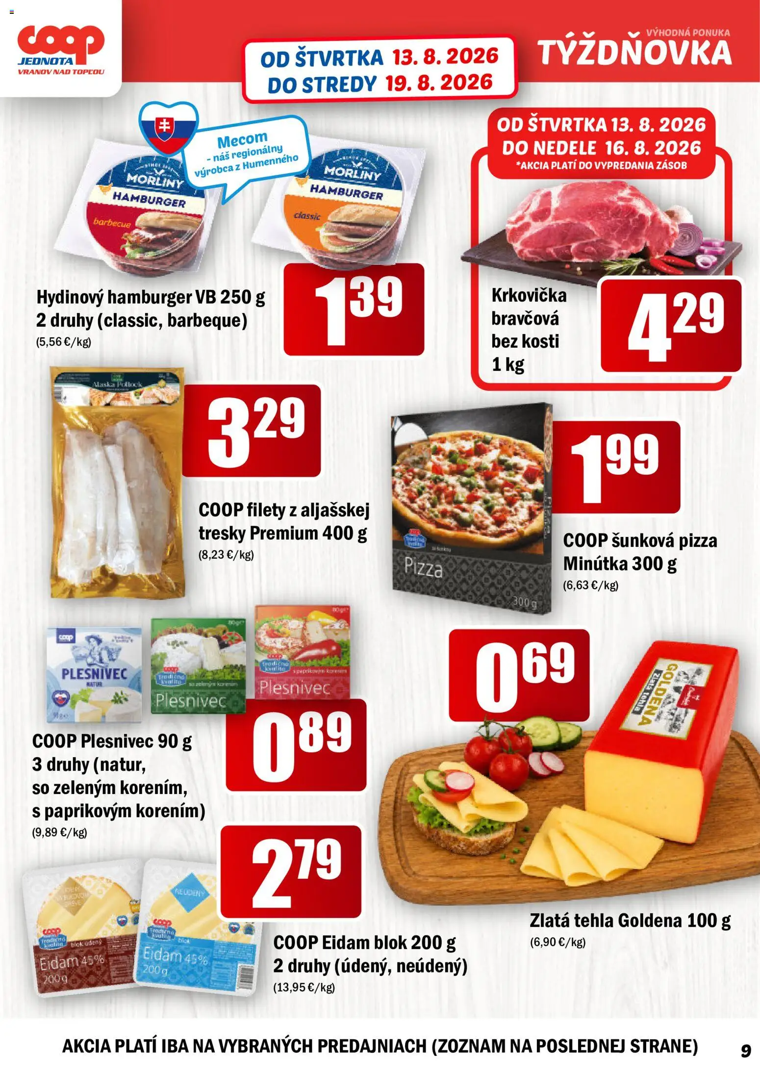 Nové COOP Jednota akcie – leták je platný od 13.08.2026 | Strana: 9 | Produkty: Eidam 45%, Pizza, Krkovička, Hamburger