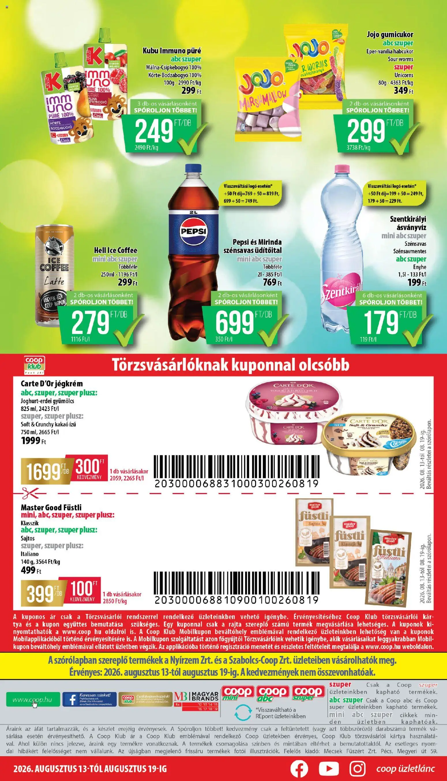 COOP akciós ujság - amely érvényes a következő dátumtól: 2026.08.13. | Oldal: 8 | Termékek: Üdítőital, Körte, Pepsi, Jégkrém