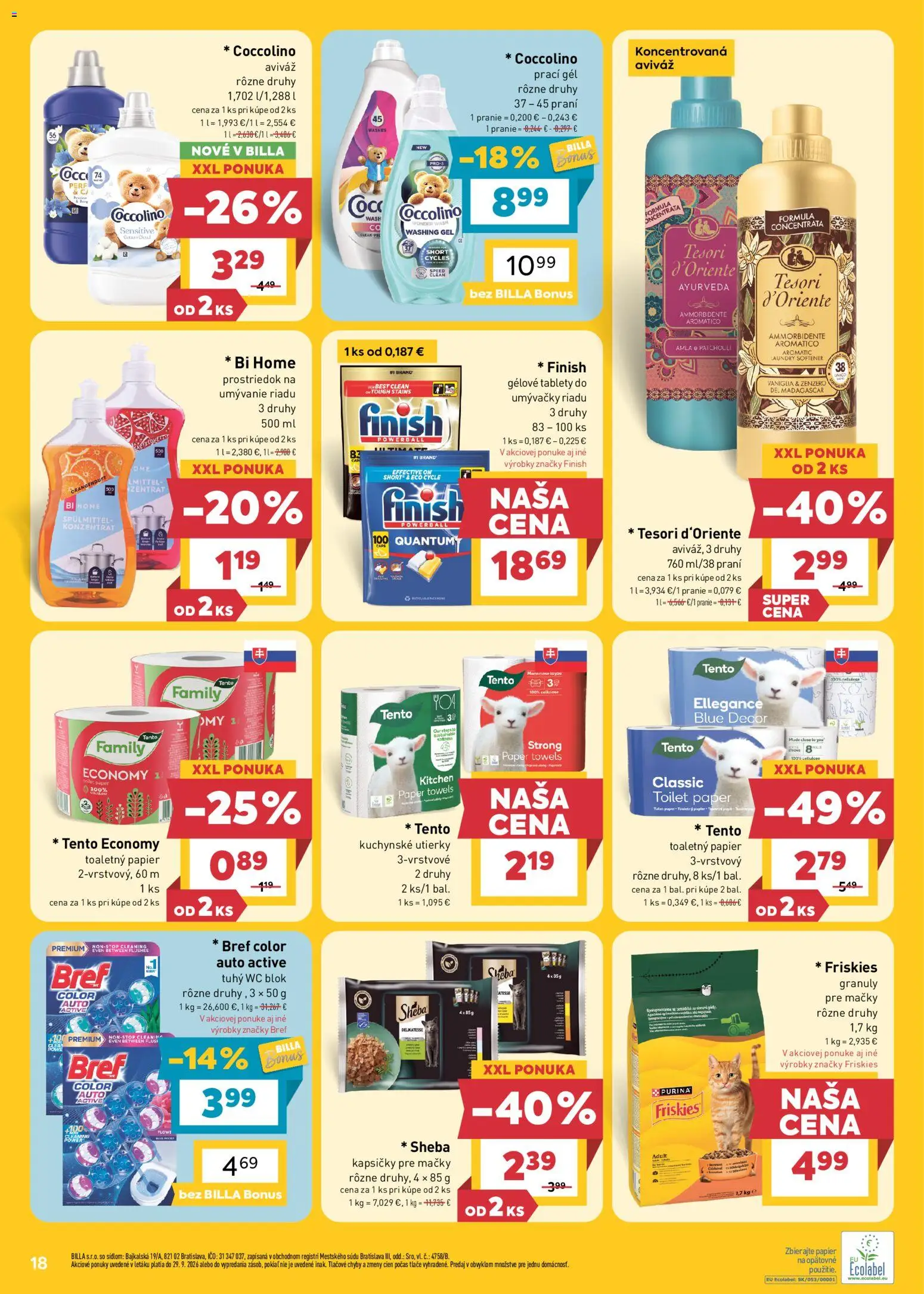 Nové Billa akcie – leták je platný od 23.09.2026 | Strana: 18 | Produkty: Friskies, Toaletný papier, Aviváž, Wc blok