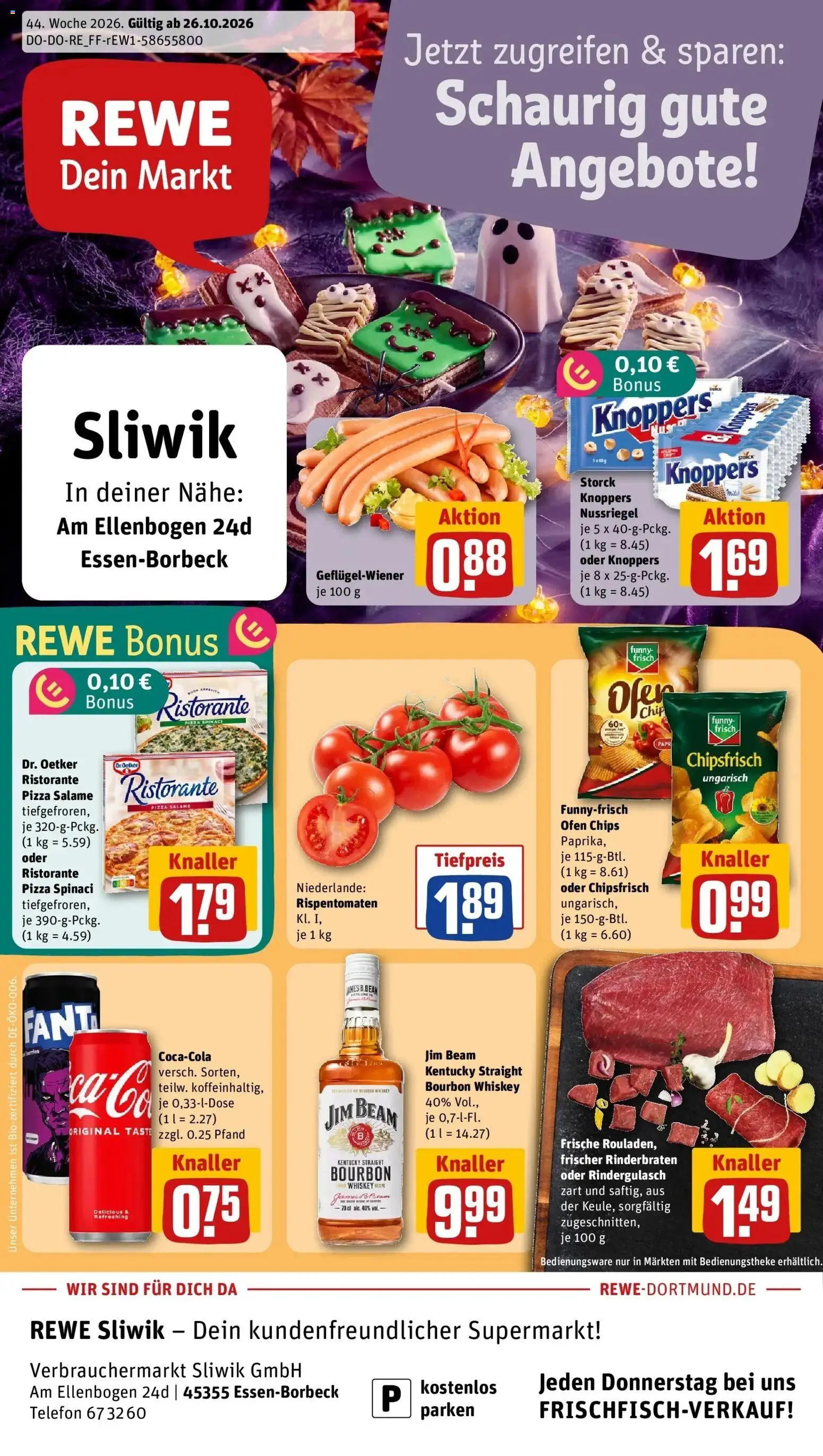 REWE Prospekt ab 26.10.2026 zum Blättern » Angebote | Seite: 1 | Produkte: Rinderbraten, Ofen, Jim beam, Funny frisch