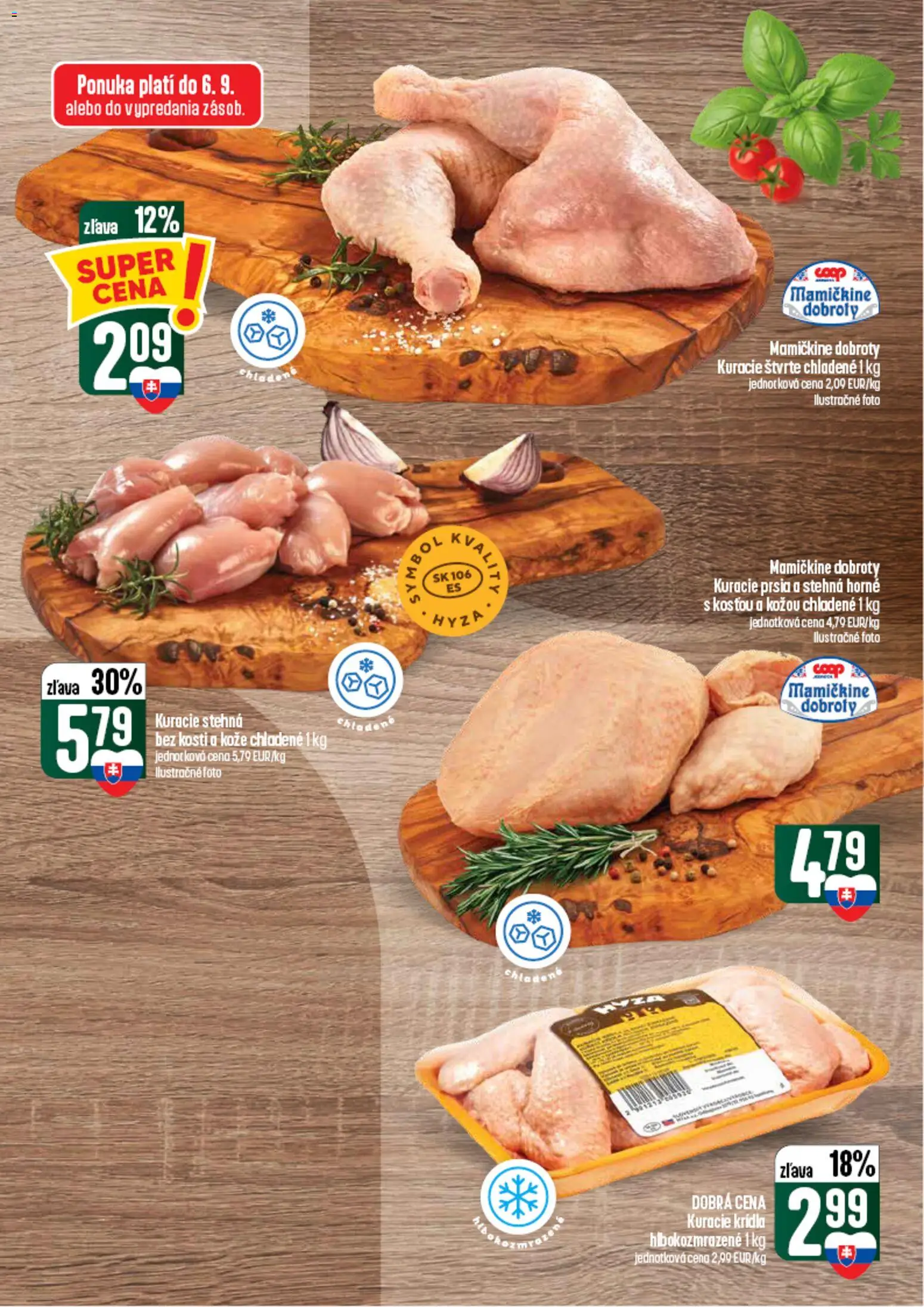 Nové COOP Jednota akcie – leták je platný od 03.09.2026 | Strana: 13 | Produkty: Kôš, Kuracie stehná, Kuracie štvrte, Kuracie krídla
