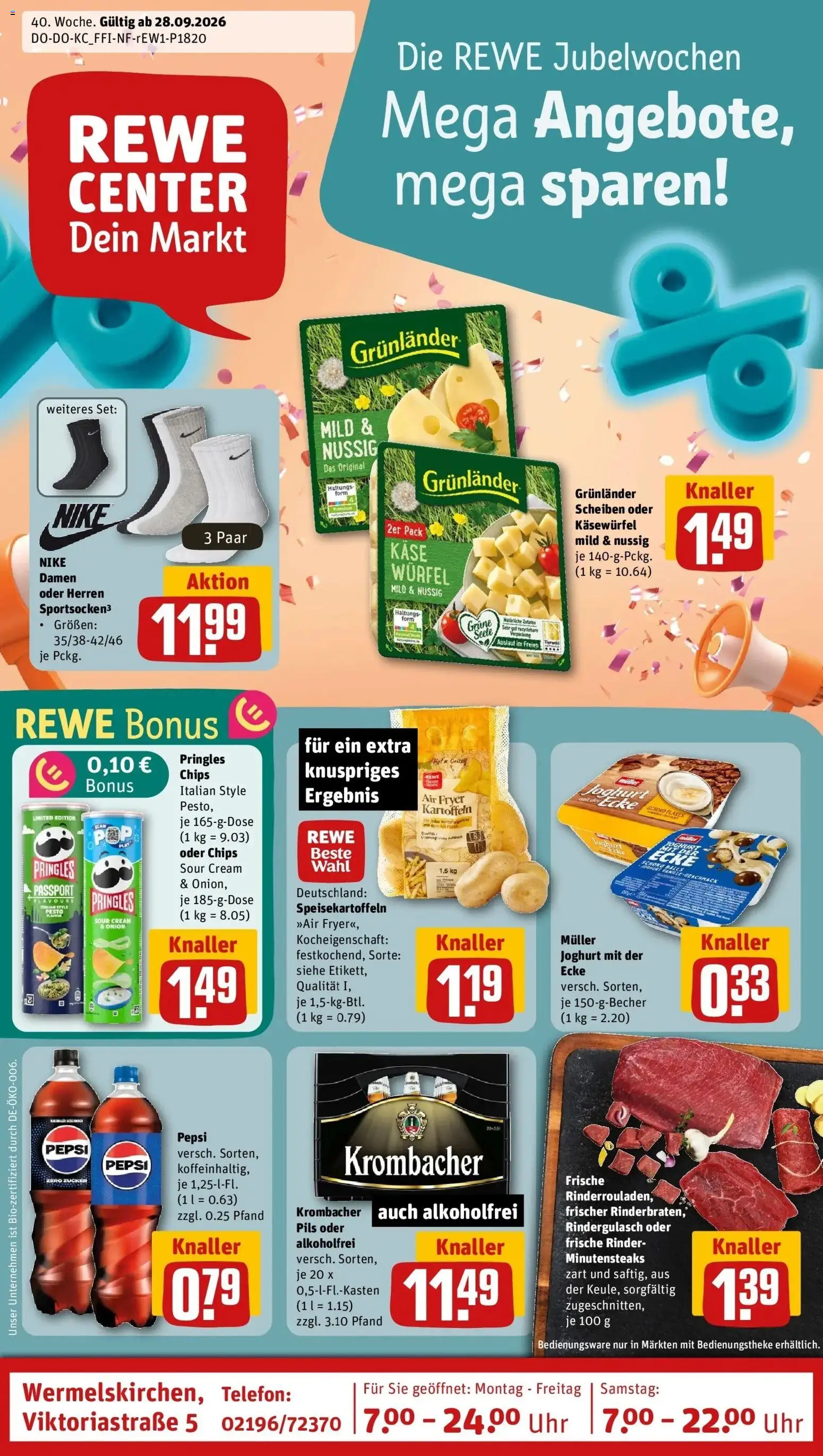 REWE Prospekt ab 28.09.2026 zum Blättern » Angebote | Seite: 1 | Produkte: Joghurt, Zucker, Pepsi, Chips