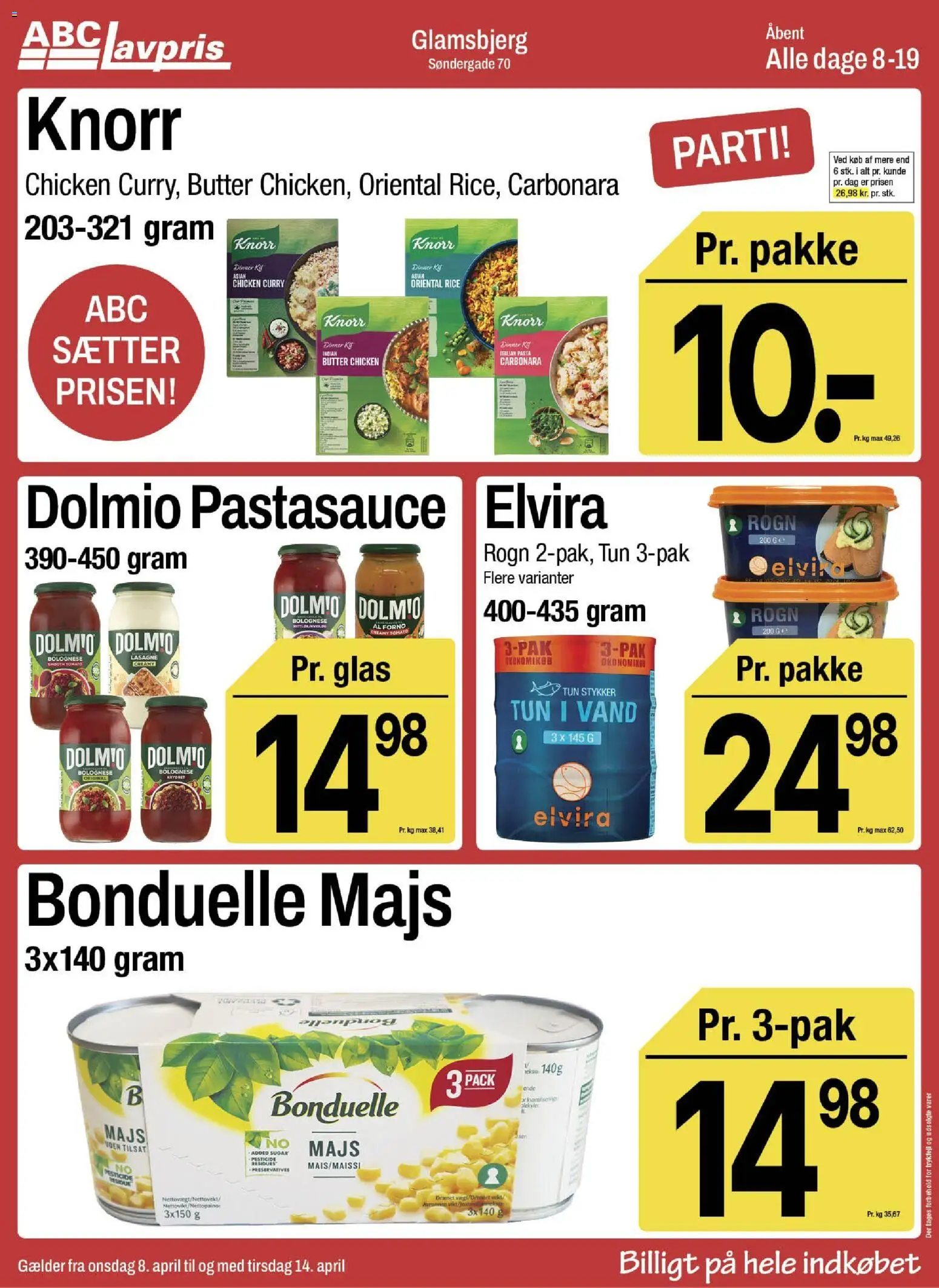 Abc Lavpris tilbudsavis – gyldig fra 08.04.2026 | Side: 8 | Produkter: Majs, Tun, Pastasauce, Carpete