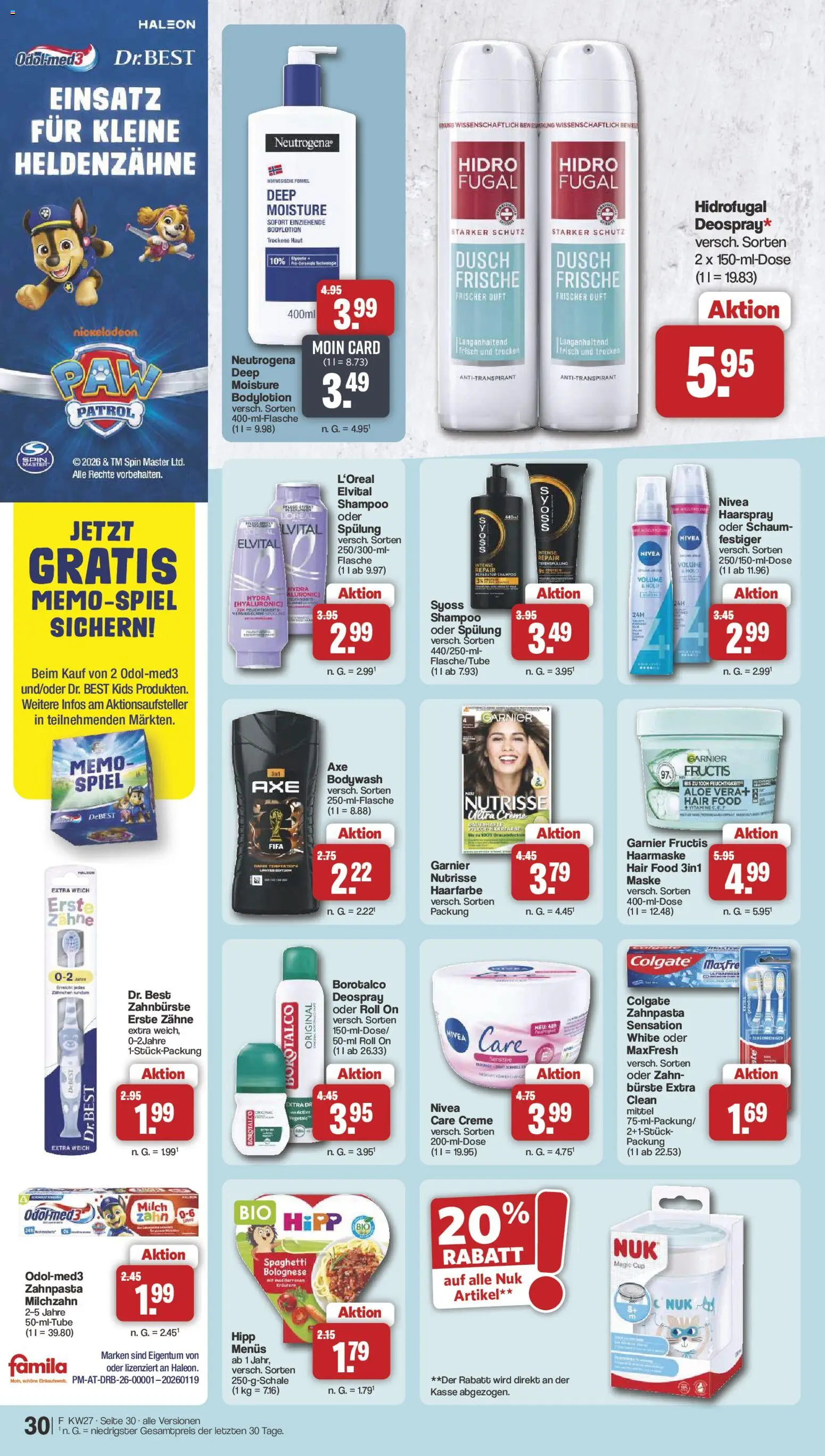 Famila Nordwest Prospekt – gültig ab 29.06.2026 | Seite: 30 | Produkte: Spiel, Milch, Creme, Deospray