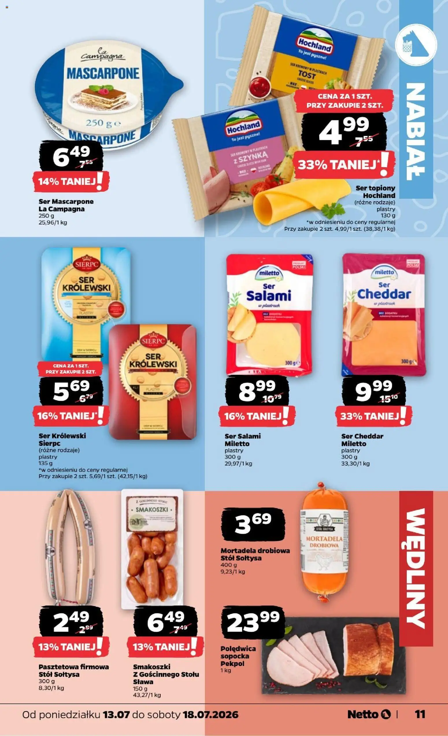 Netto gazetka od poniedziałku od 13.07.2026 | Strona: 11 | Produkty: Ser topiony, Ser, Wędliny, Ser cheddar