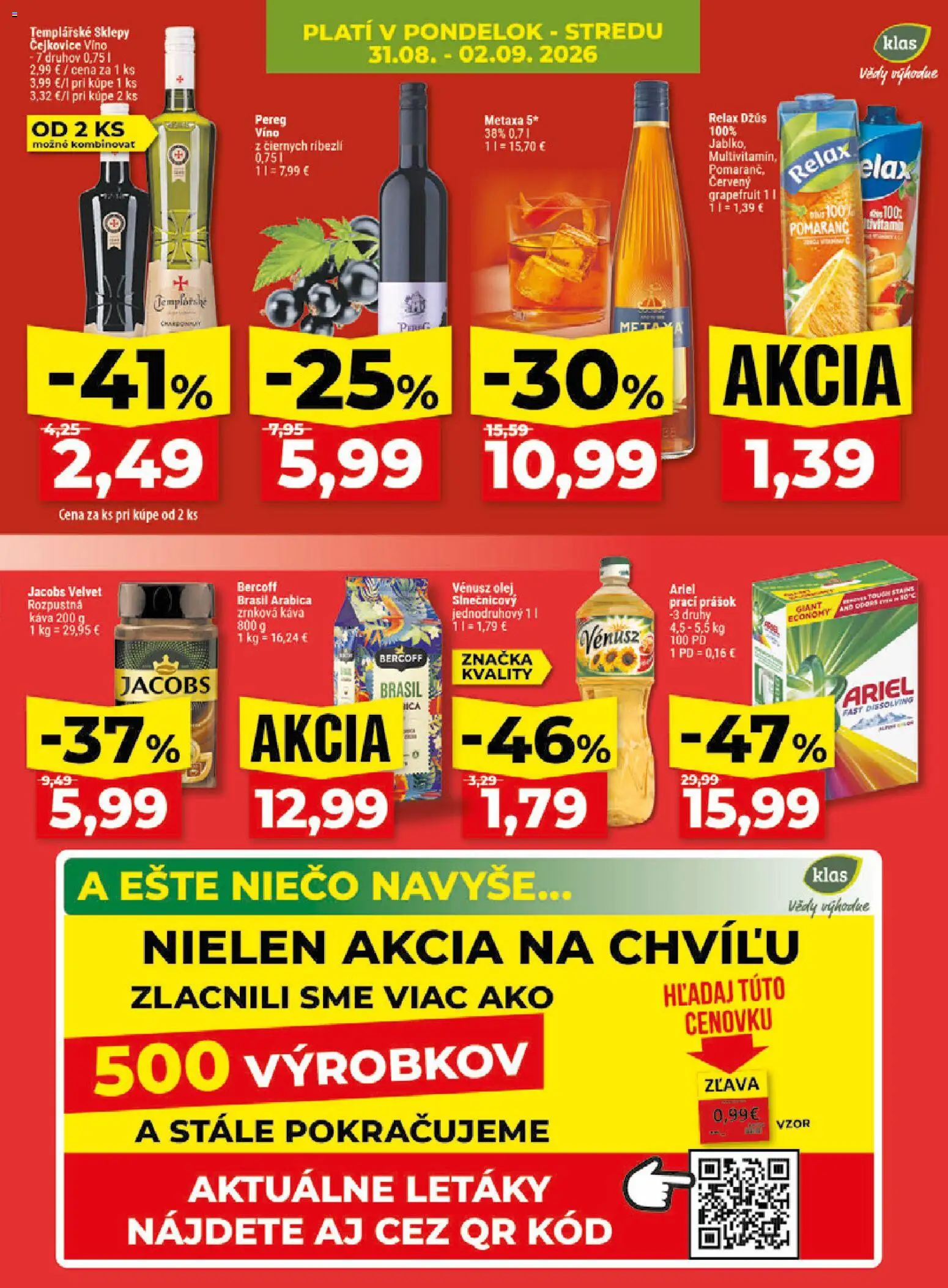Nové Klas akcie – leták je platný od 31.08.2026 | Strana: 5 | Produkty: Olej, Džús, Ariel, Grapefruit