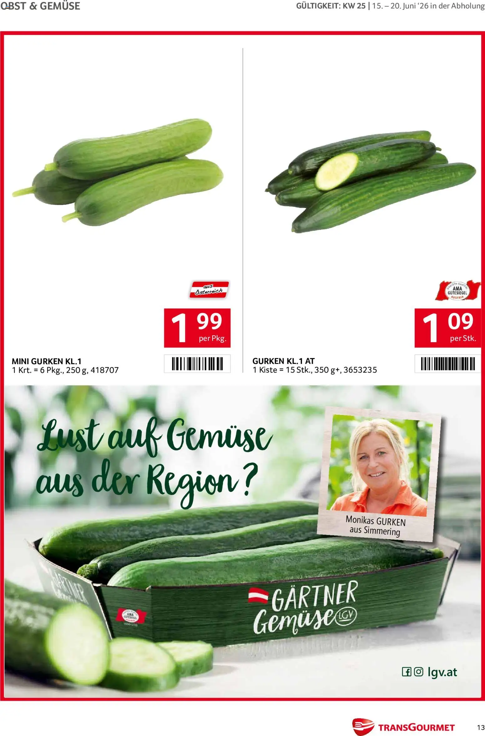 Transgourmet Flugblatt gültig ab 15.06.2026 | Seite: 13 | Produkte: Gurken, Gemüse, Obst
