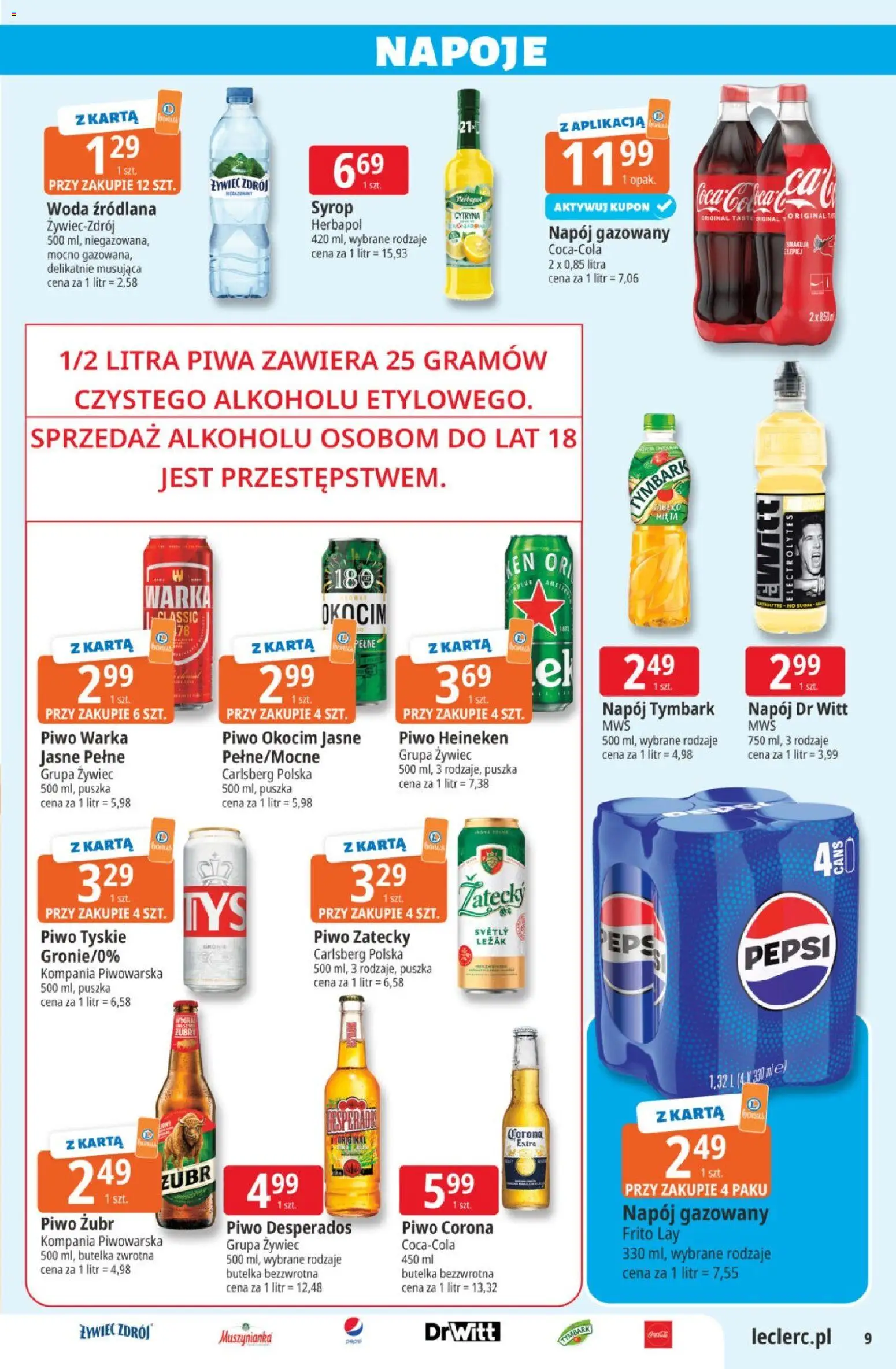 E.Leclerc gazetka od 28.07.2026 | Strona: 9 | Produkty: Piwo tyskie, Piwo Heineken, Leżak, Woda