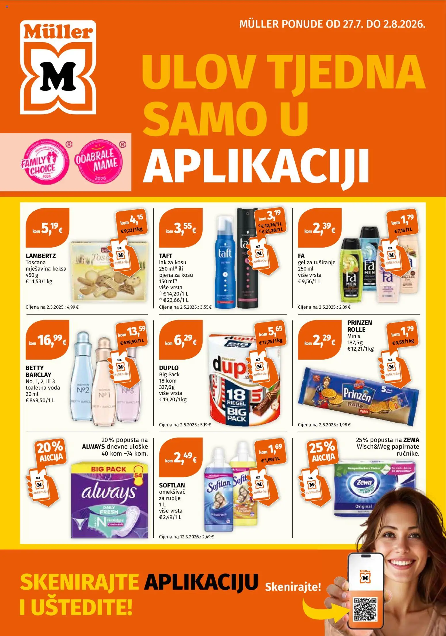 Müller katalog | vrijedi od 27.07.2026 | Stranica: 1 | Proizvodi: Lak za kosu, Gel za tuširanje, Omekšivač, Zewa