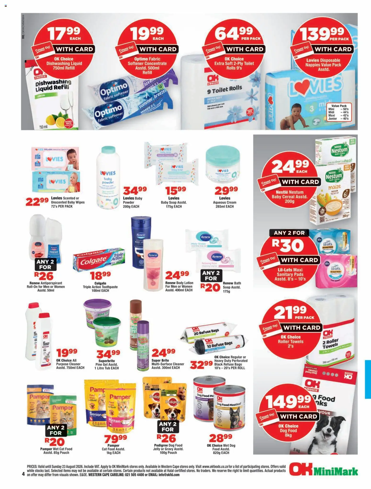 New OK Foods catalogue – valid from 12/08/2026 | Page: 4 | Products: Milk, Refuse bags, Cat food, Lotion