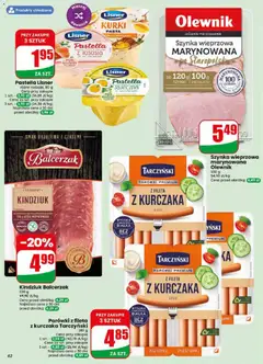 Pogląd oferty "Kindziuk Balcerzak, 100 g" - ważna od 20.05.2026 | Strona: 62 | Produkty: Szynka wieprzowa, Parówki, Szynka, Kindziuk