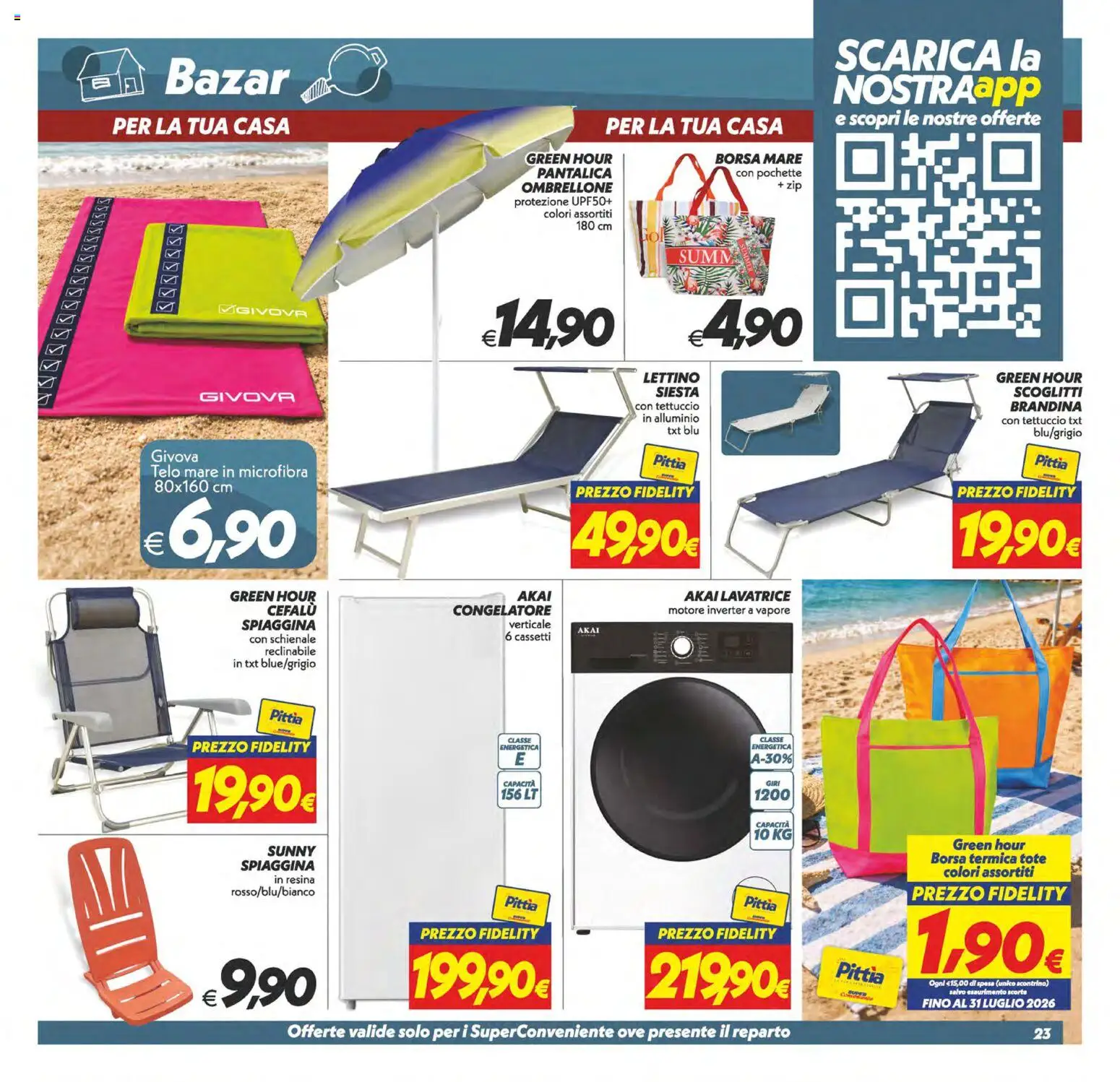 Volantino SuperConveniente del 09.06.2026 | Pagina: 23 | Prodotti: Ombrellone, Lavatrice, Lettino, Congelatore