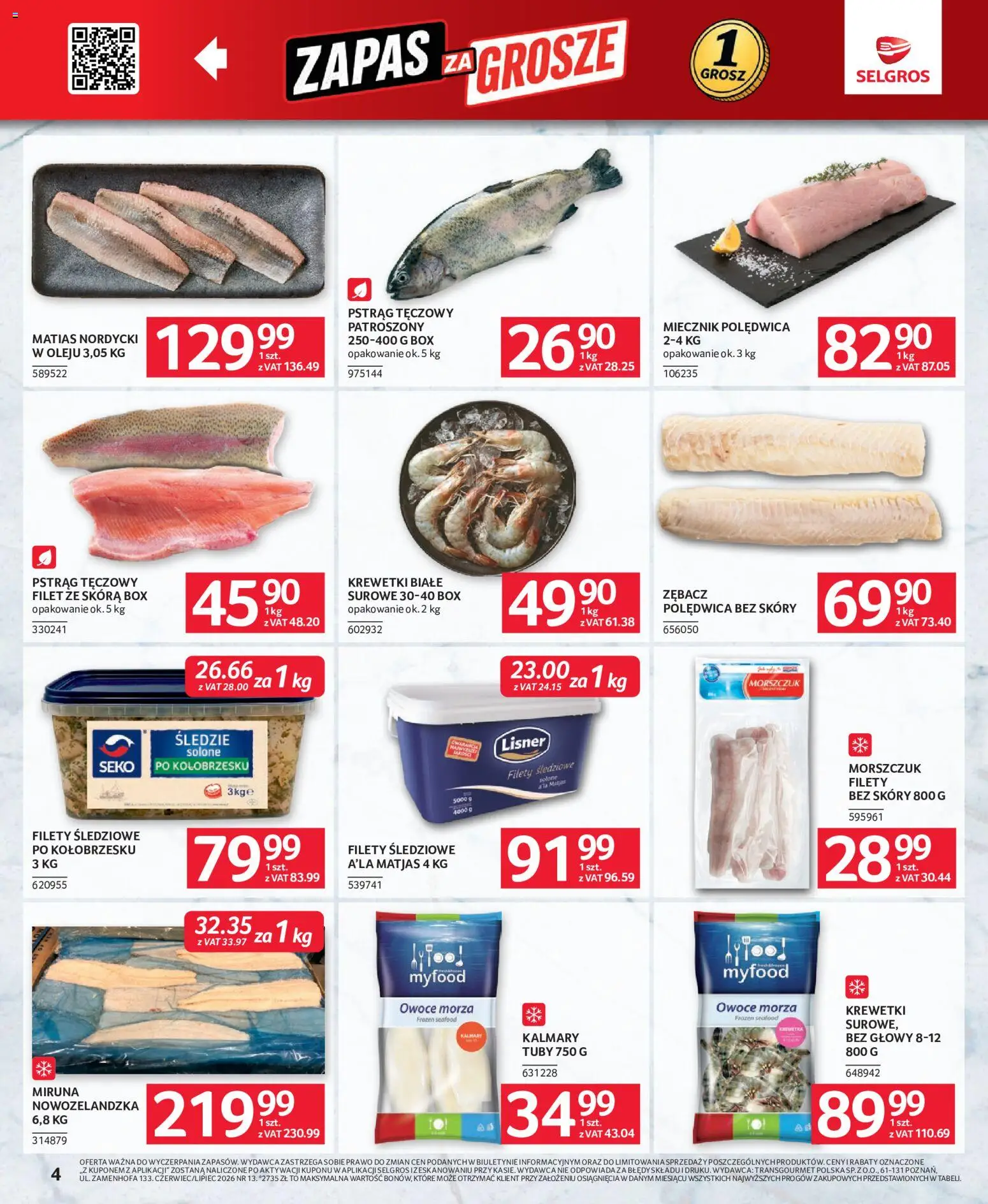 Selgros cash&carry gazetka - Oferta dla gastronomii od 18.06.2026 | Strona: 4 | Produkty: Pstrąg tęczowy, Krewetki białe, Kalmary, Owoce