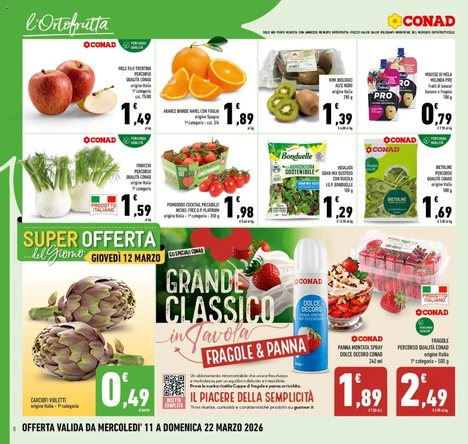 Volantino Conad del 11.03.2026 | Pagina: 8 | Prodotti: Panna, Pomodoro, Carciofi, Finocchi