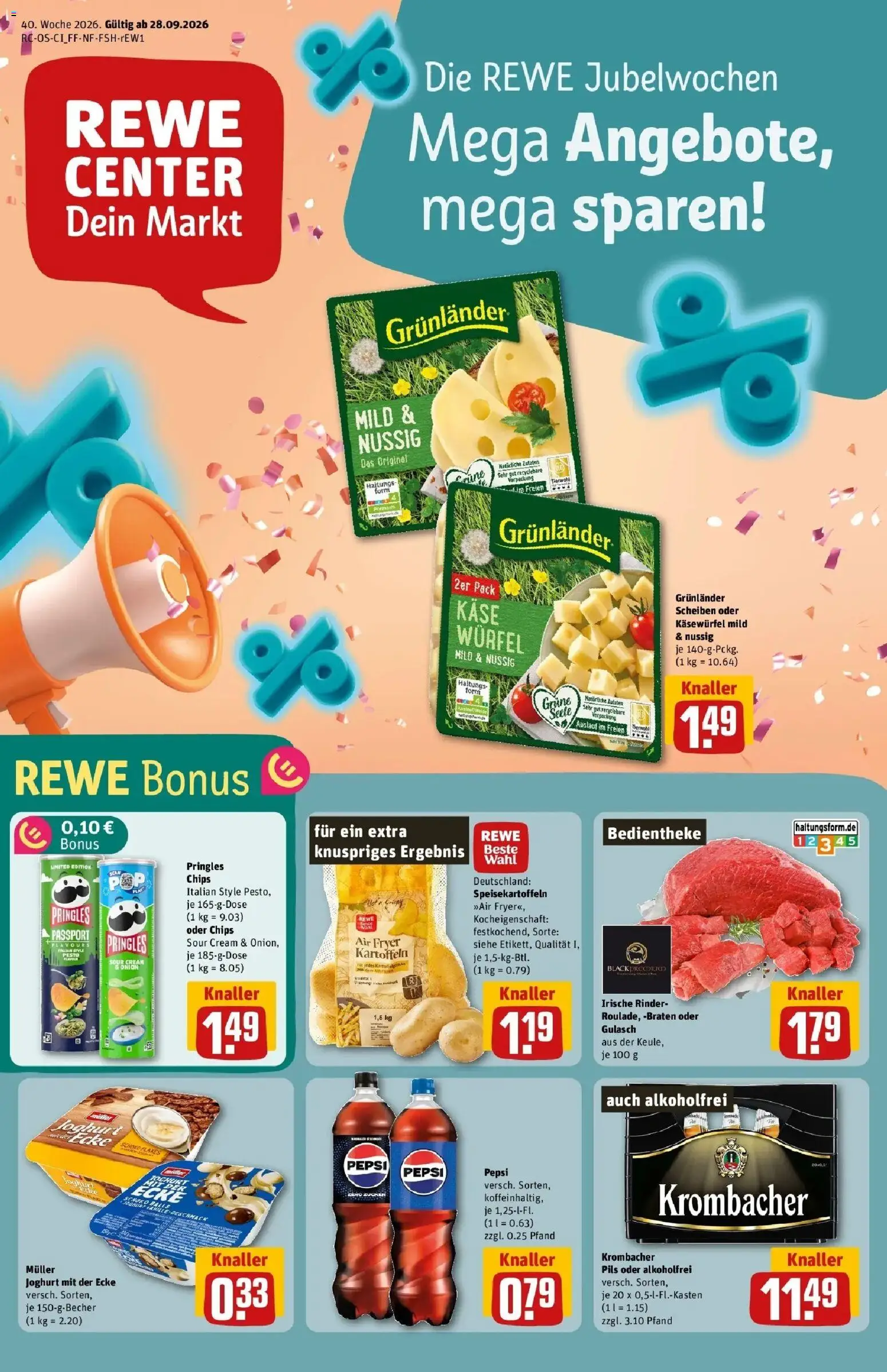 REWE Prospekt ab 28.09.2026 zum Blättern » Angebote | Seite: 1 | Produkte: Vanille, Kartoffeln, Pepsi, Pringles