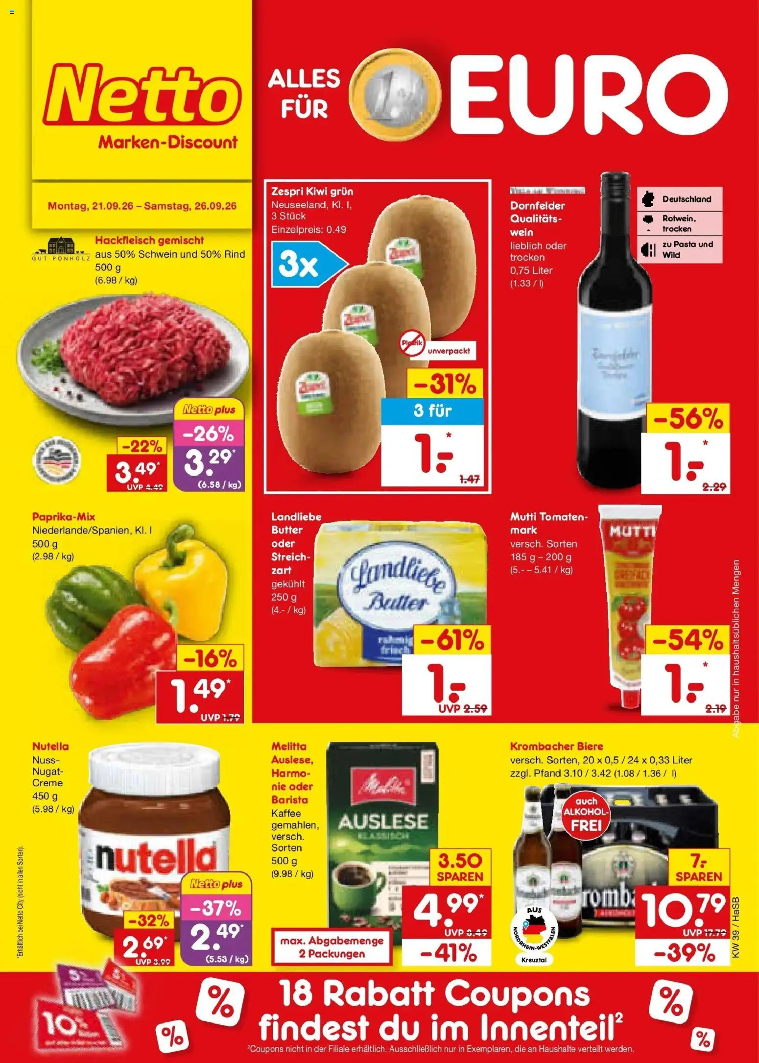 Netto Marken-Discount Prospekt Unna – gültig ab 21.09.2026 | Seite: 1 | Produkte: Creme, Pasta, Wein, Kiwi