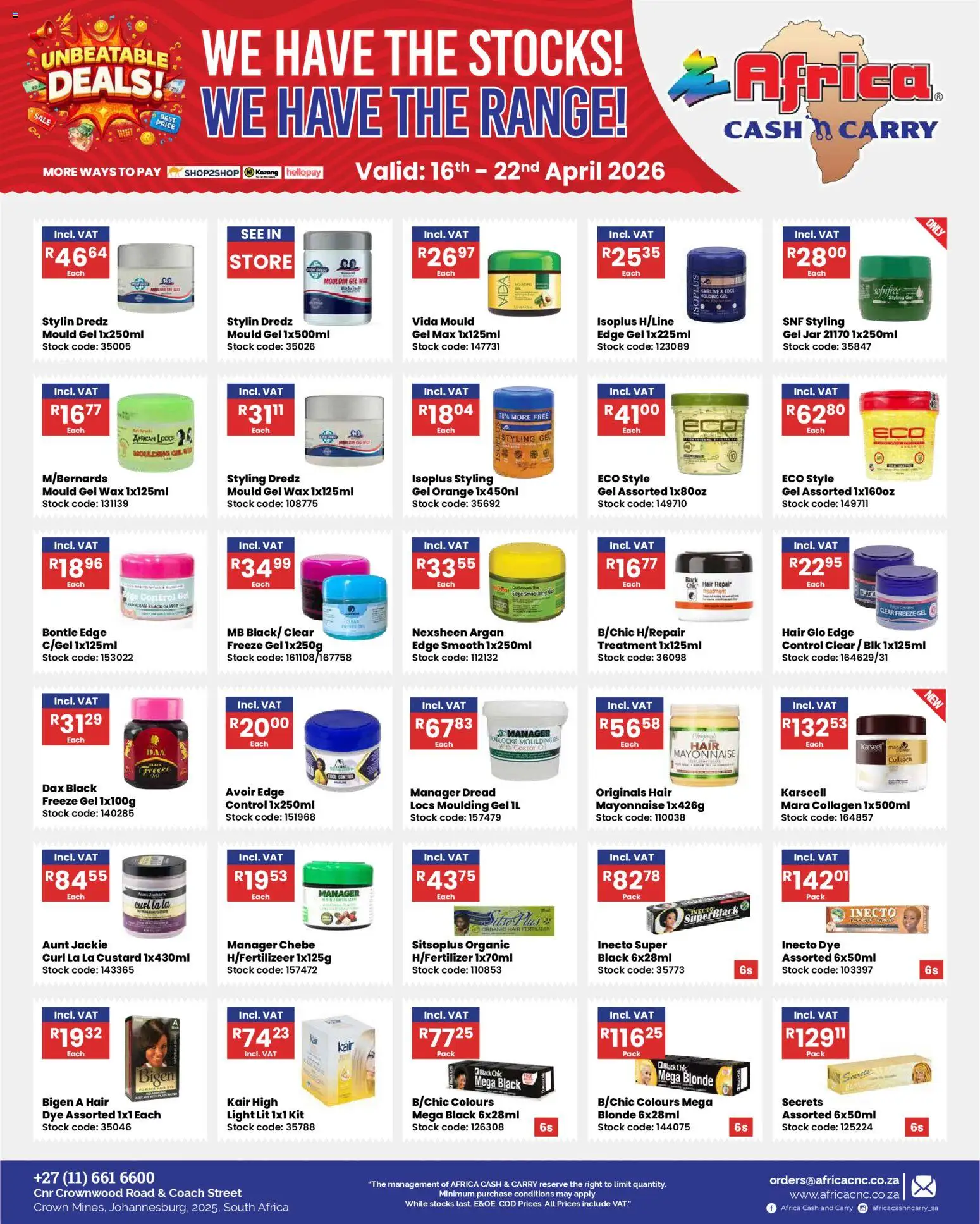 New Africa Cash & Carry catalogue – valid from 16.04.2026 | Page: 4 | Products: Custard, Light, Stock, Dye