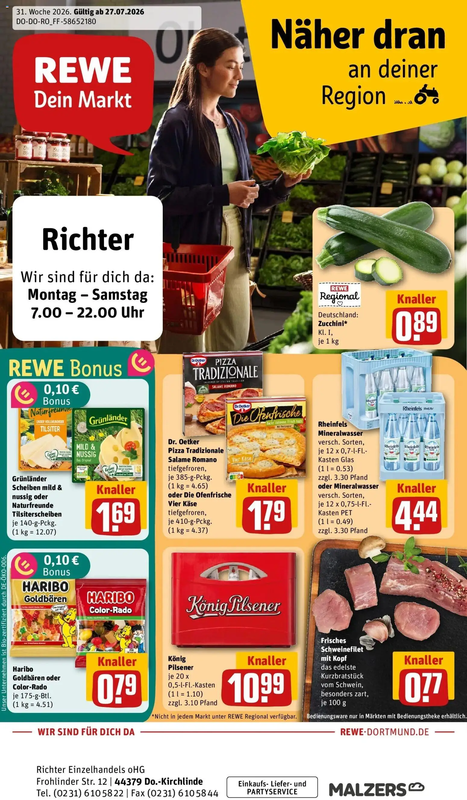 Rewe Prospekt Dortmund – gültig ab 27.07.2026 | Seite: 1 | Produkte: Haribo, Mineralwasser, Grunlander, Uhr