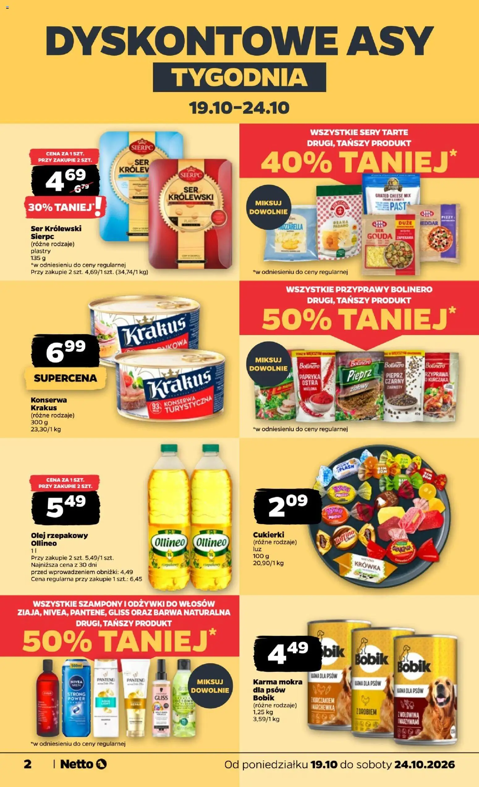 Netto gazetka od poniedziałku od 19.10.2026 | Strona: 2 | Produkty: Olej rzepakowy, Sery, Ser, Karma