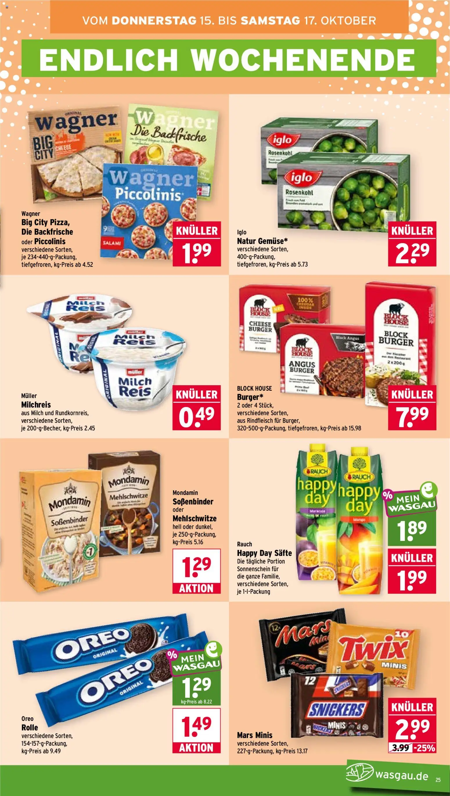 Wasgau Prospekt – gültig ab 12.10.2026 | Seite: 25 | Produkte: Burger, Snickers, Piccolinis, Rindfleisch