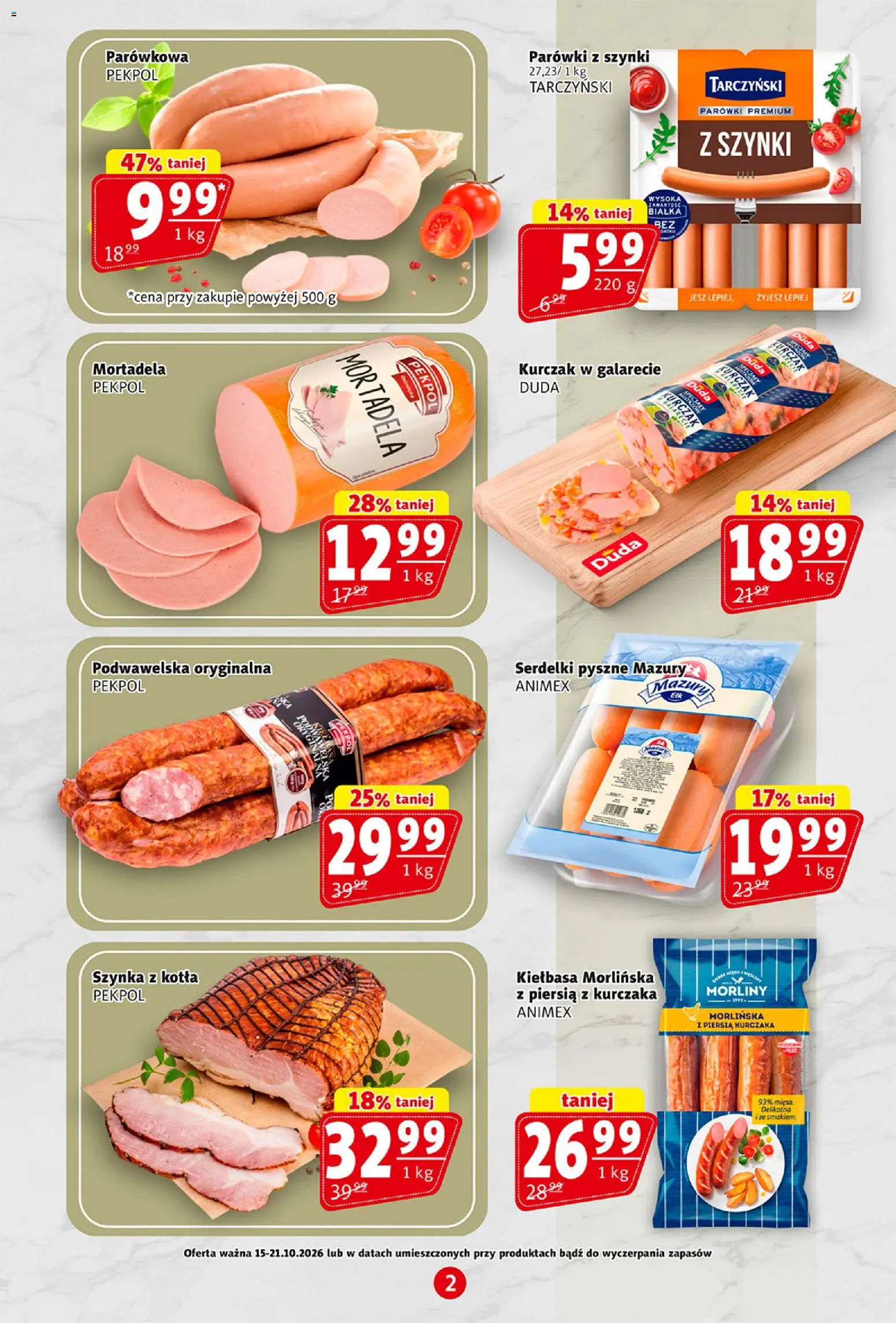 Prim Market gazetka od 15.10.2026 | Strona: 2 | Produkty: Kiełbasa, Kurczak, Parówki z szynki, Szynka