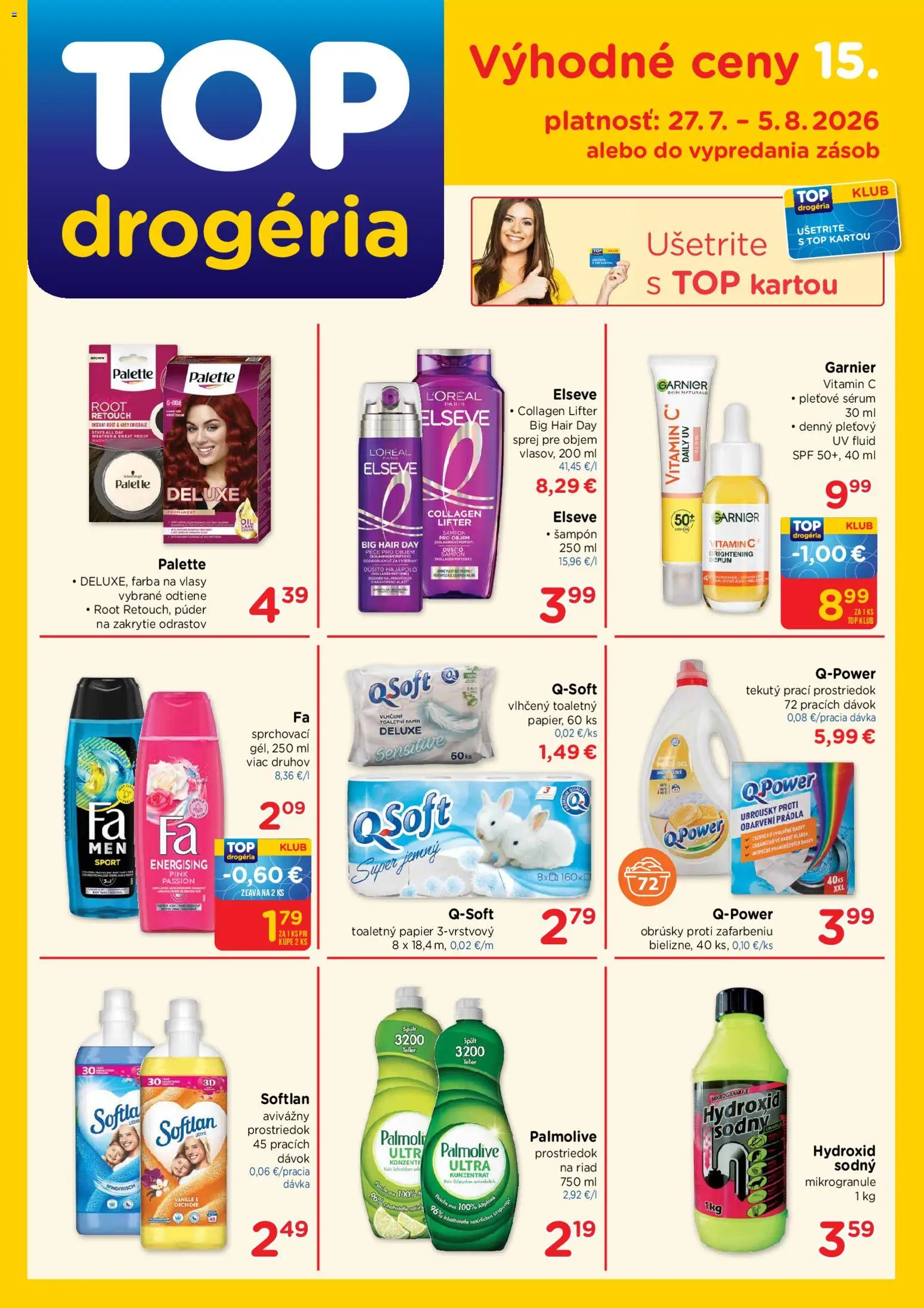 Nové TOP Drogéria akcie – leták je platný od 27.07.2026 | Strana: 1 | Produkty: Púder, Šampón, Toaletný papier, Farba na vlasy